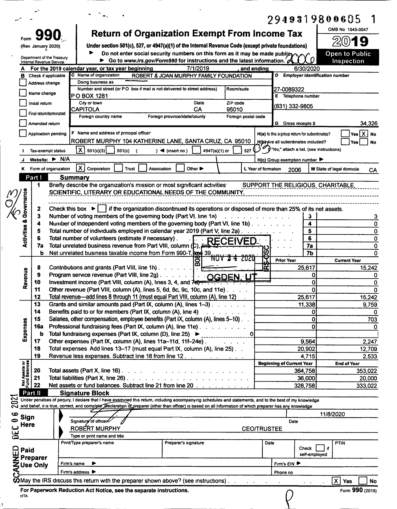 Image of first page of 2019 Form 990 for The Robert and Joan Murphy Family Foundation