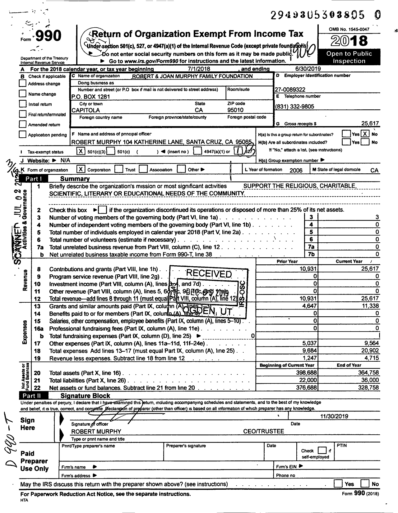 Image of first page of 2018 Form 990 for The Robert and Joan Murphy Family Foundation