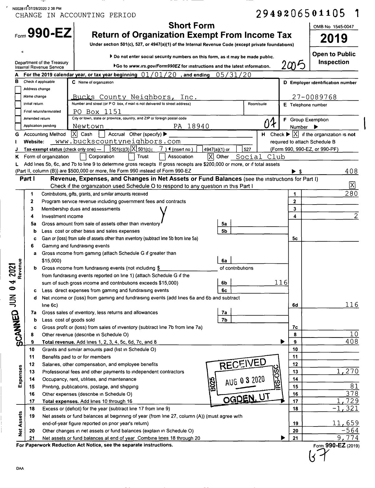 Image of first page of 2019 Form 990EO for Bucks County Neighbors