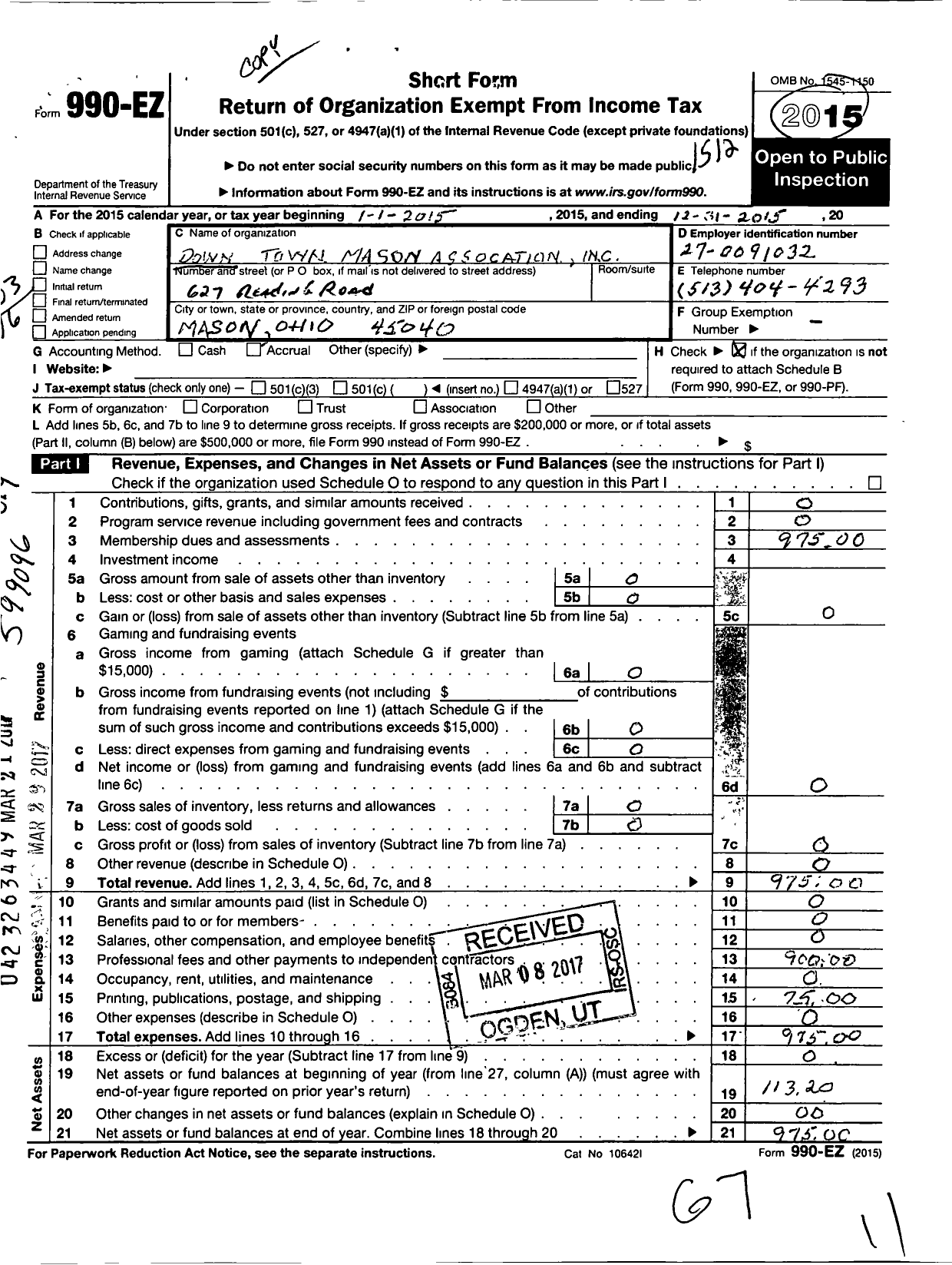 Image of first page of 2015 Form 990EO for Mason Deerfield Chamber Community Development Community Development Corporation