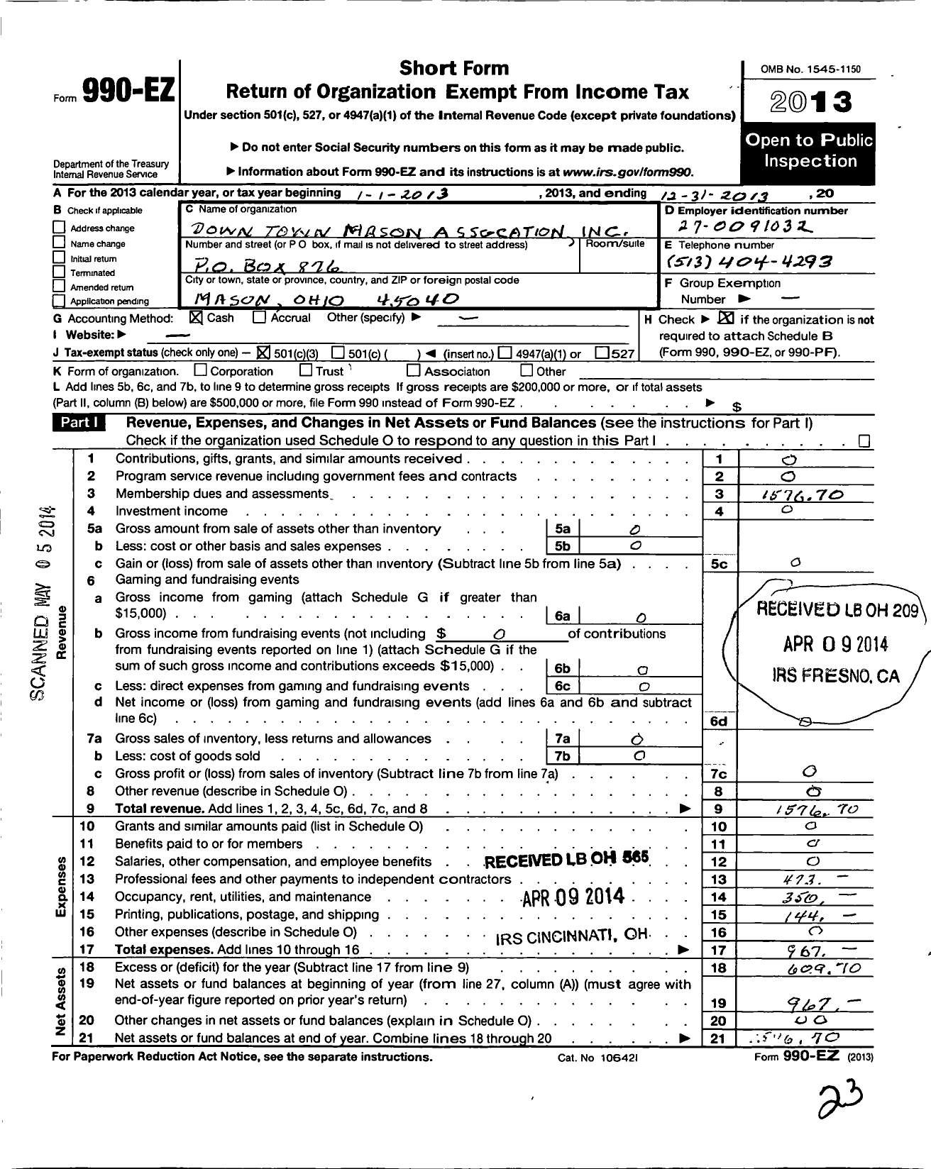 Image of first page of 2013 Form 990EZ for Mason Deerfield Chamber Community Development Community Development Corporation