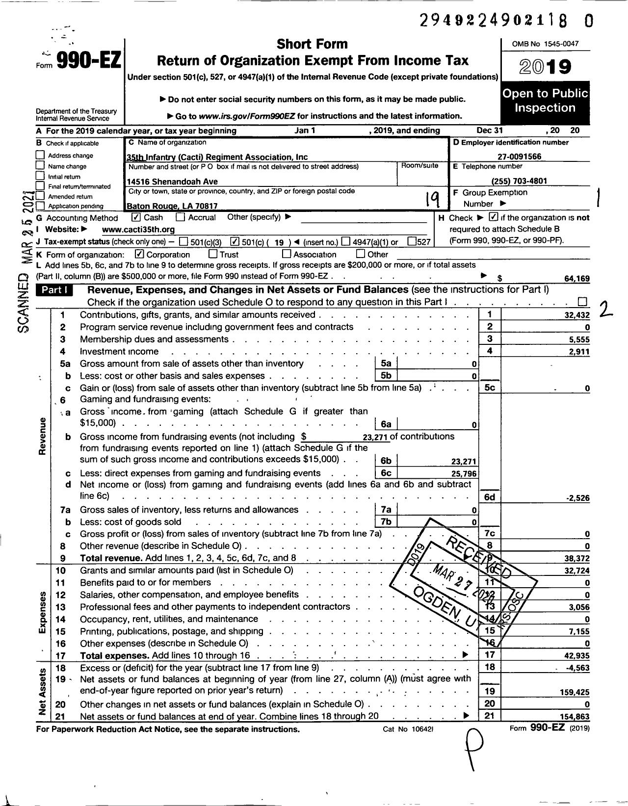 Image of first page of 2019 Form 990EO for 35th Infantry Cacti Regiment Association