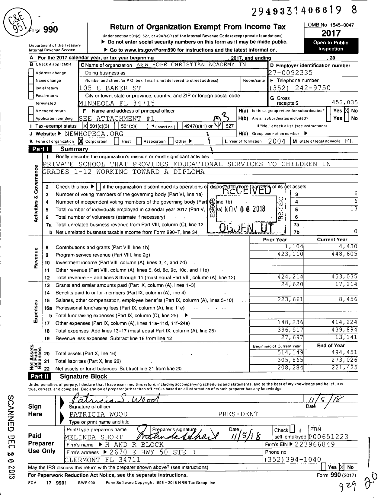 Image of first page of 2017 Form 990 for New Hope Christian Academy