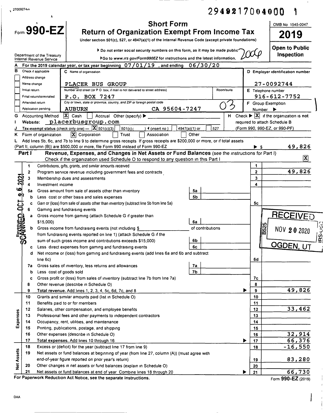 Image of first page of 2019 Form 990EZ for Placer Bus Group