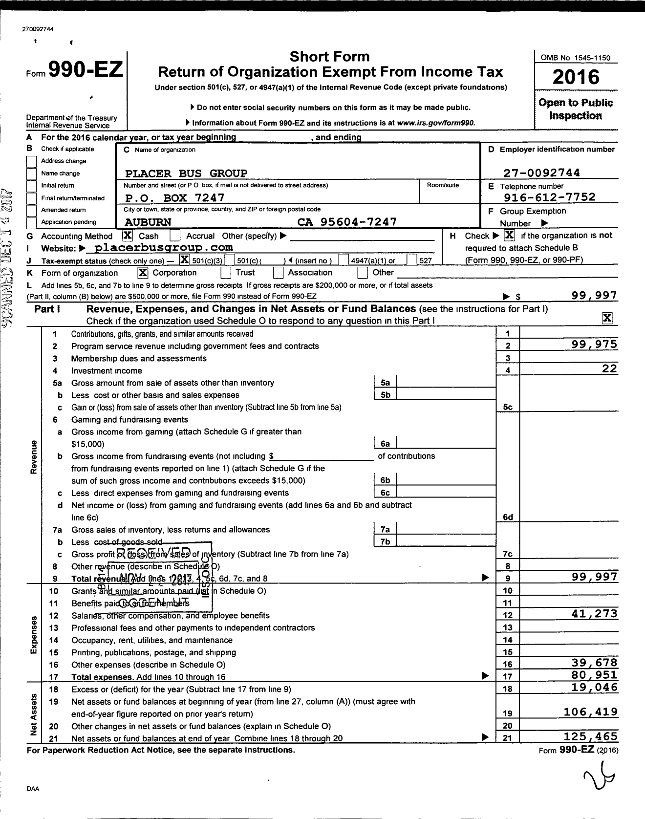 Image of first page of 2016 Form 990EZ for Placer Bus Group