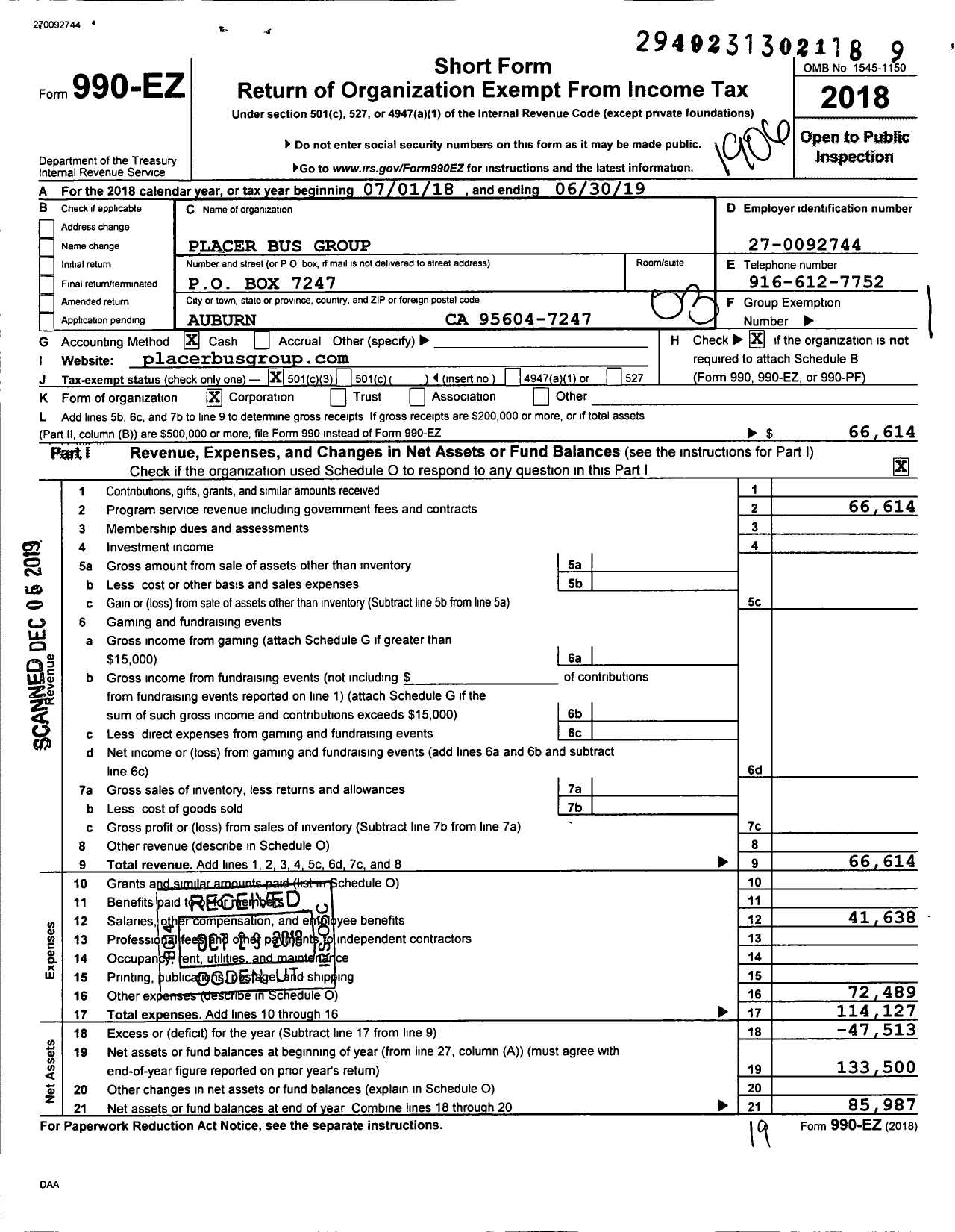 Image of first page of 2018 Form 990EZ for Placer Bus Group