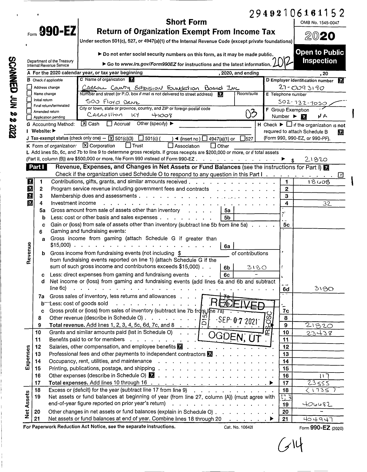 Image of first page of 2020 Form 990EZ for Carroll County Extension Foundation Board