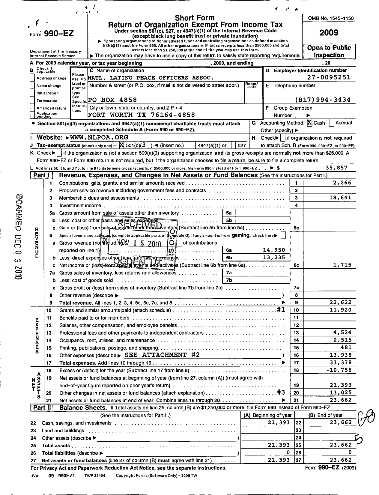 Image of first page of 2009 Form 990EZ for National Latino Law Enforcement Organization-Fort Worth Chapter