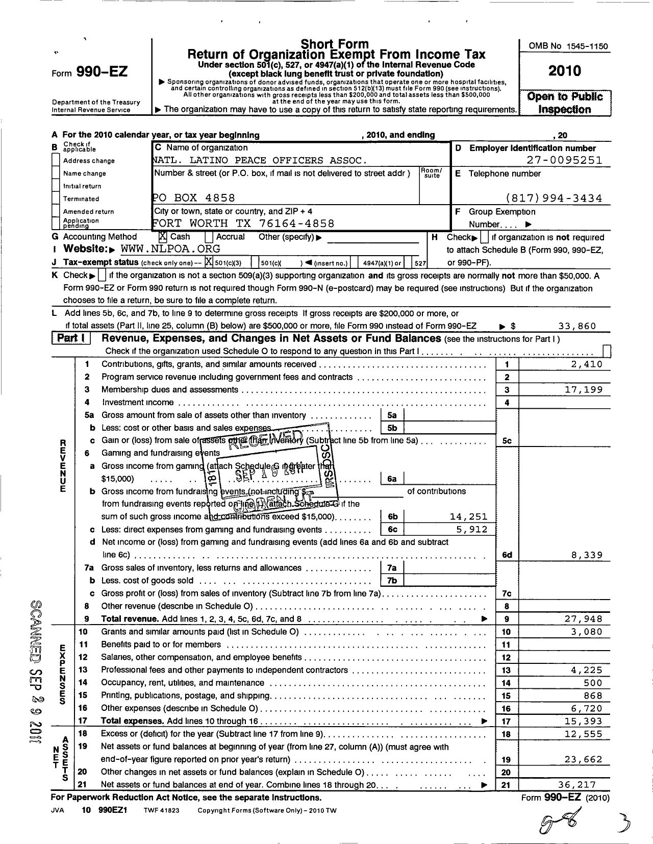 Image of first page of 2010 Form 990EZ for National Latino Law Enforcement Organization-Fort Worth Chapter