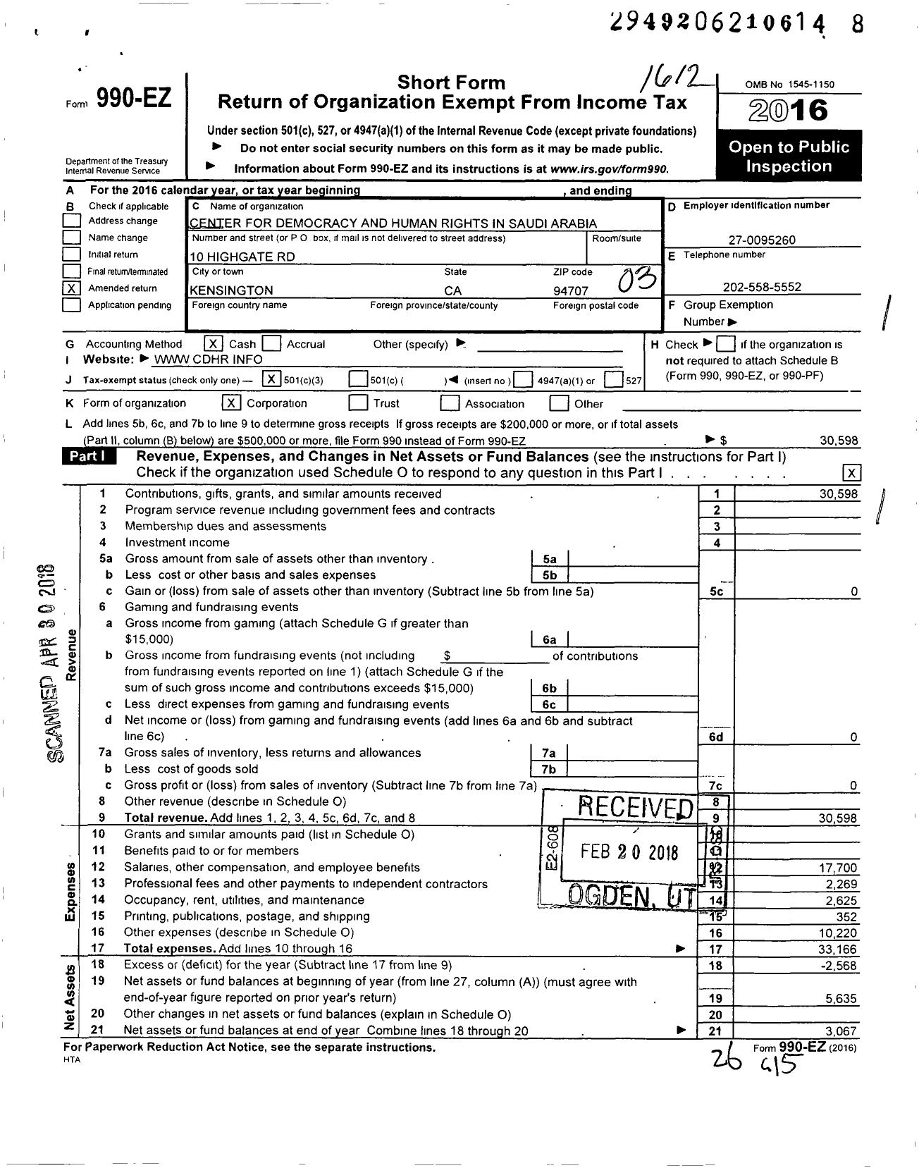 Image of first page of 2016 Form 990EZ for Center for Democracy and Human Rights in Saudi Arabia