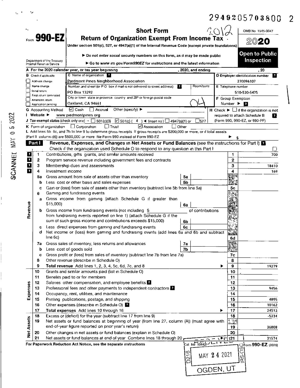 Image of first page of 2020 Form 990EO for Piedmont Pines Neighborhood Association