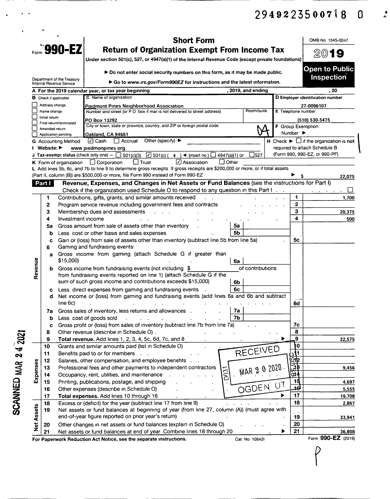 Image of first page of 2019 Form 990EO for Piedmont Pines Neighborhood Association