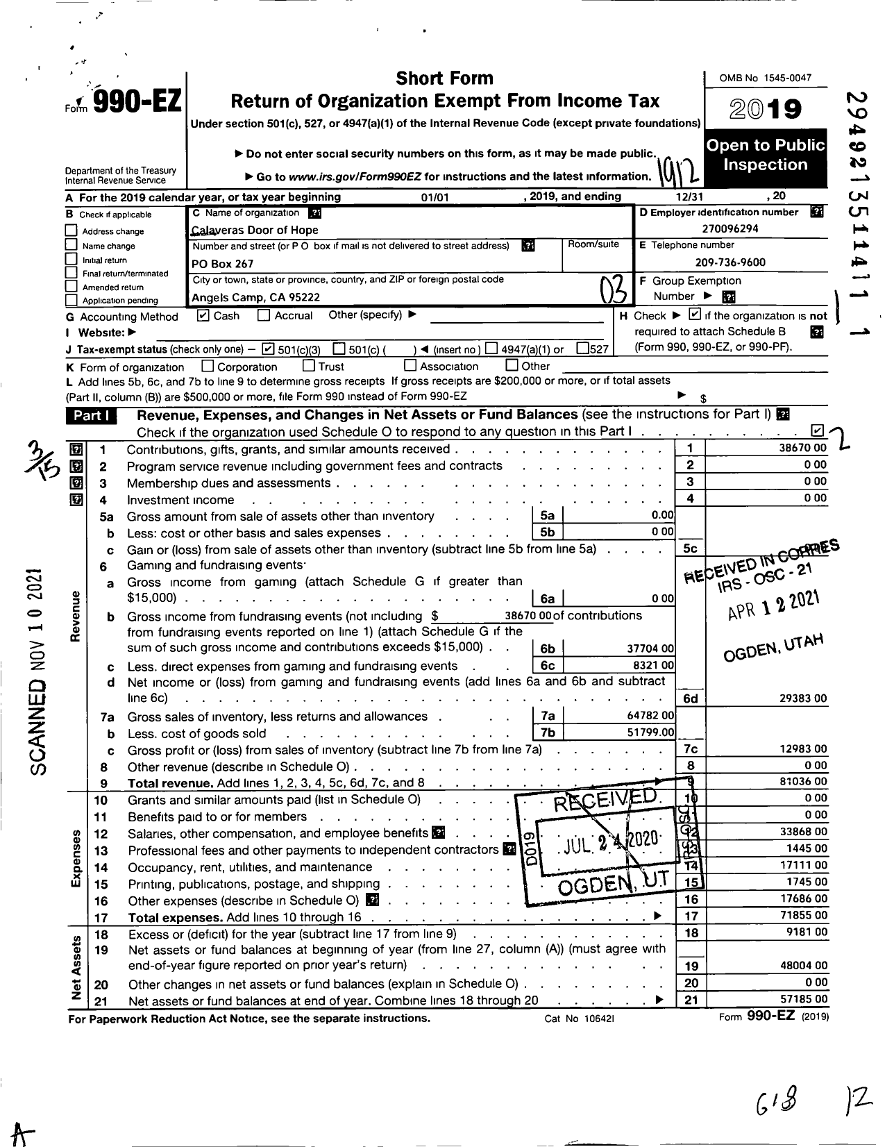 Image of first page of 2019 Form 990EZ for Calaveras Pregnancy Center