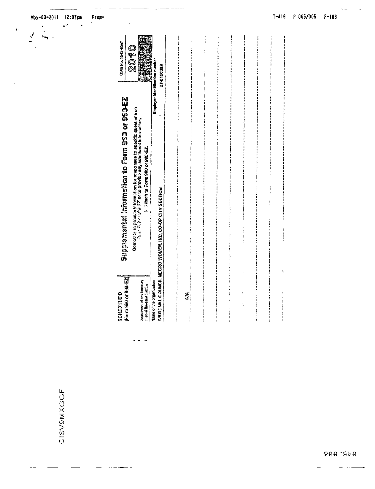 Image of first page of 2009 Form 990R for National Council of Negro Women / Op City Section