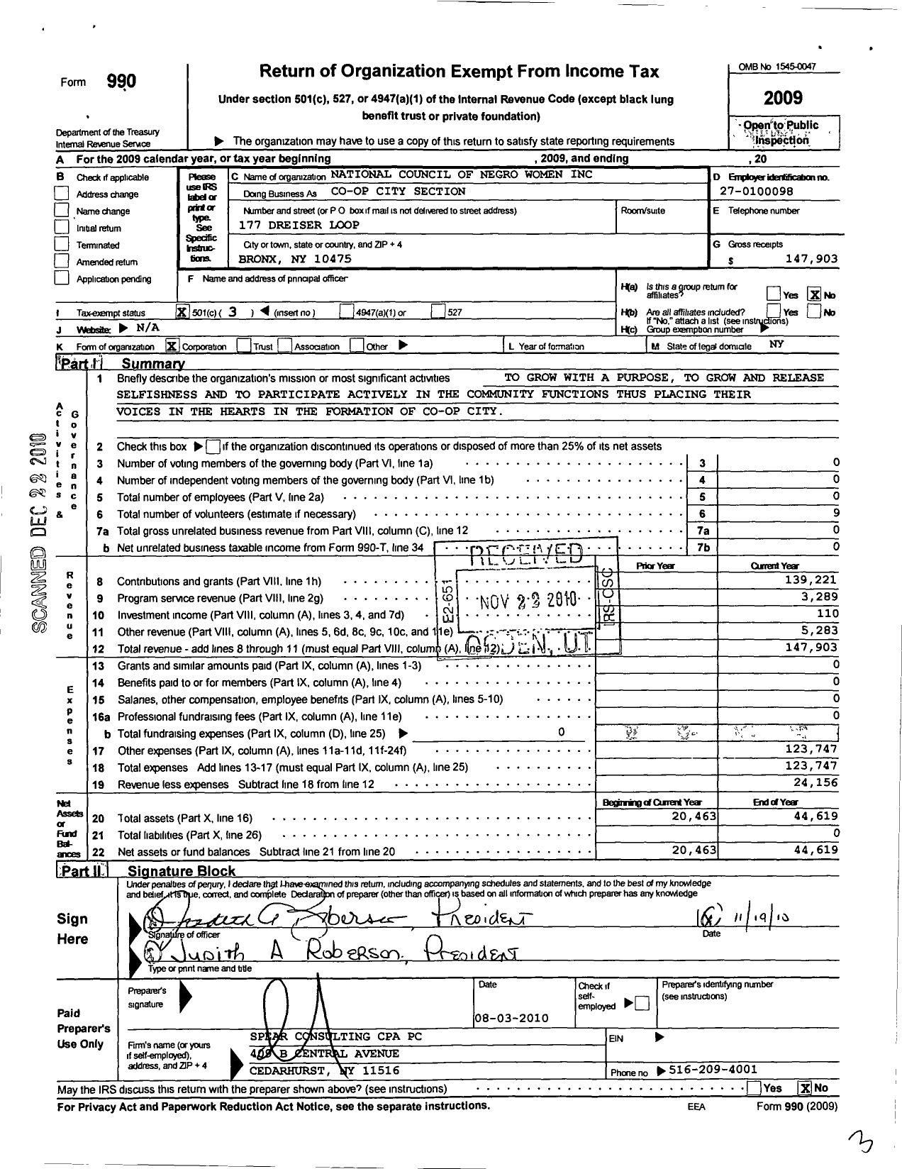 Image of first page of 2009 Form 990 for National Council of Negro Women / Op City Section