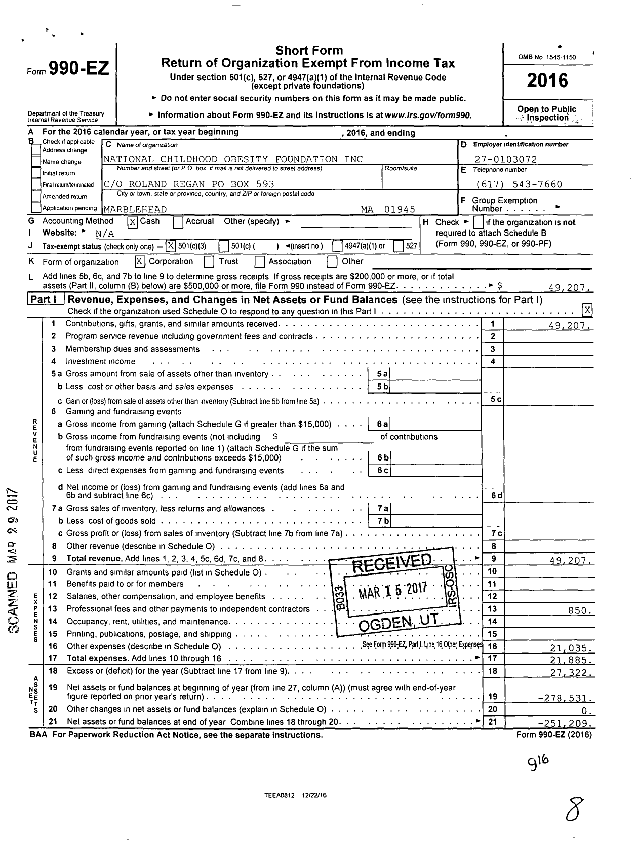 Image of first page of 2016 Form 990EZ for National Childhood Obesity Foundation