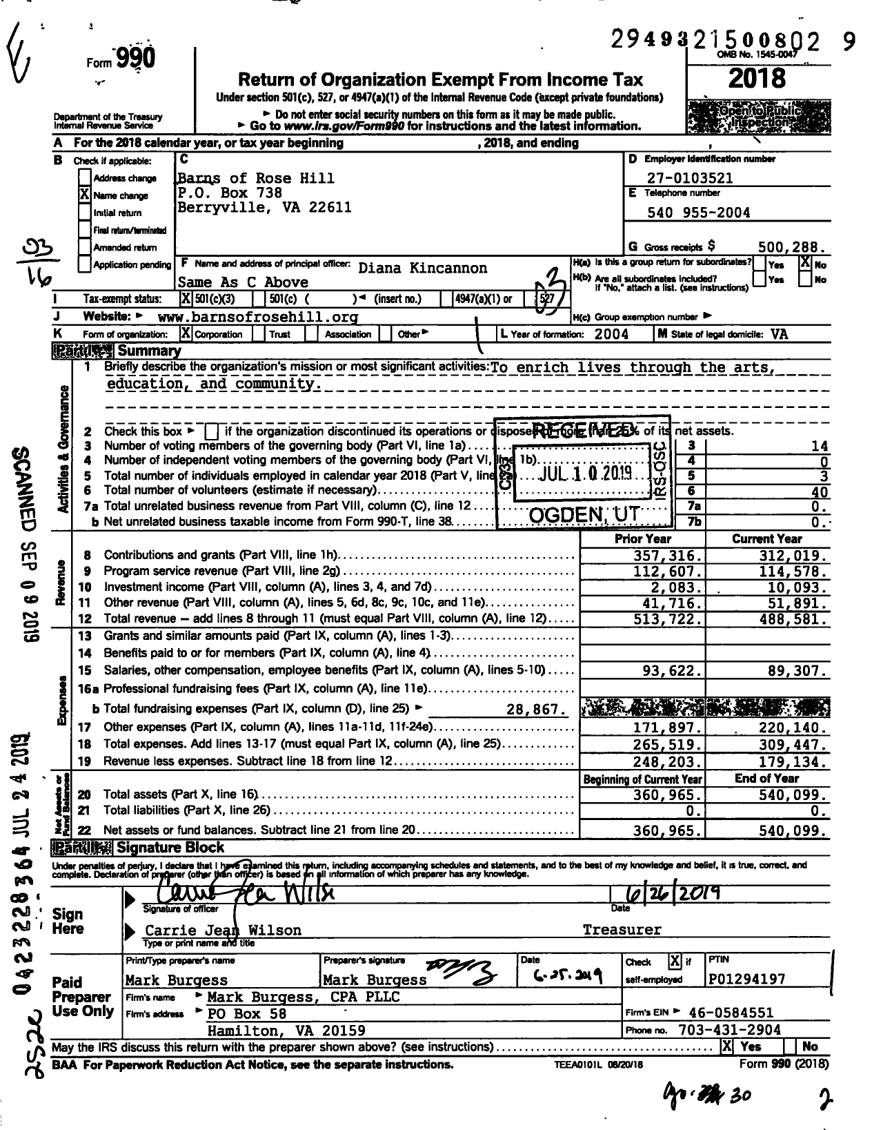 Image of first page of 2018 Form 990 for Barns of Rose Hill