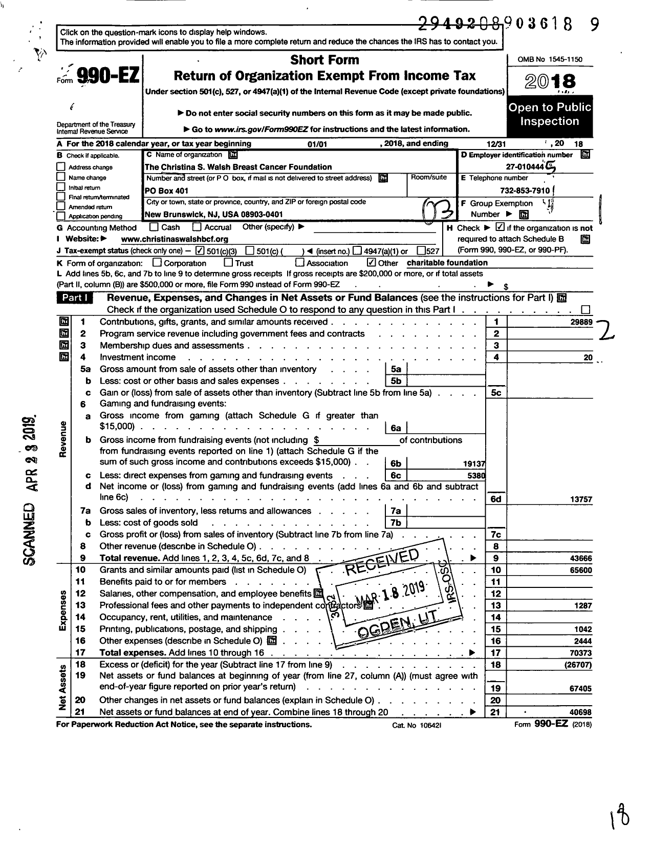 Image of first page of 2018 Form 990EZ for Christina S Walsh Breast Cancer Foundation