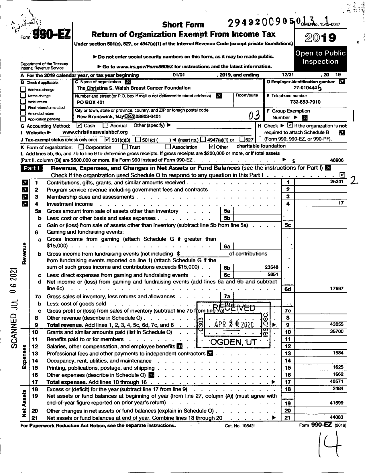 Image of first page of 2019 Form 990EZ for Christina S Walsh Breast Cancer Foundation