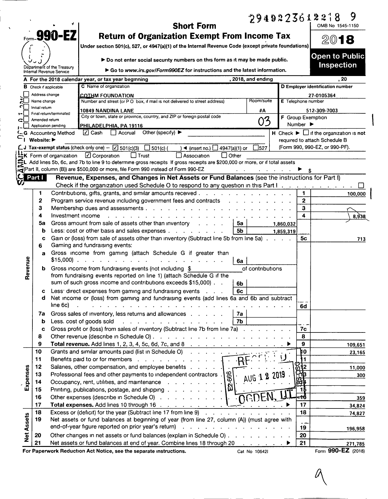 Image of first page of 2018 Form 990EZ for Stephen Velenchik