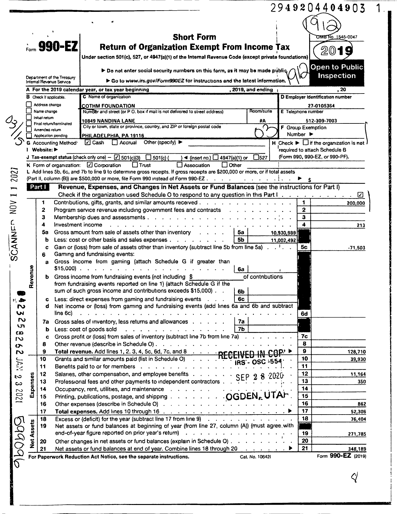 Image of first page of 2019 Form 990EZ for Stephen Velenchik