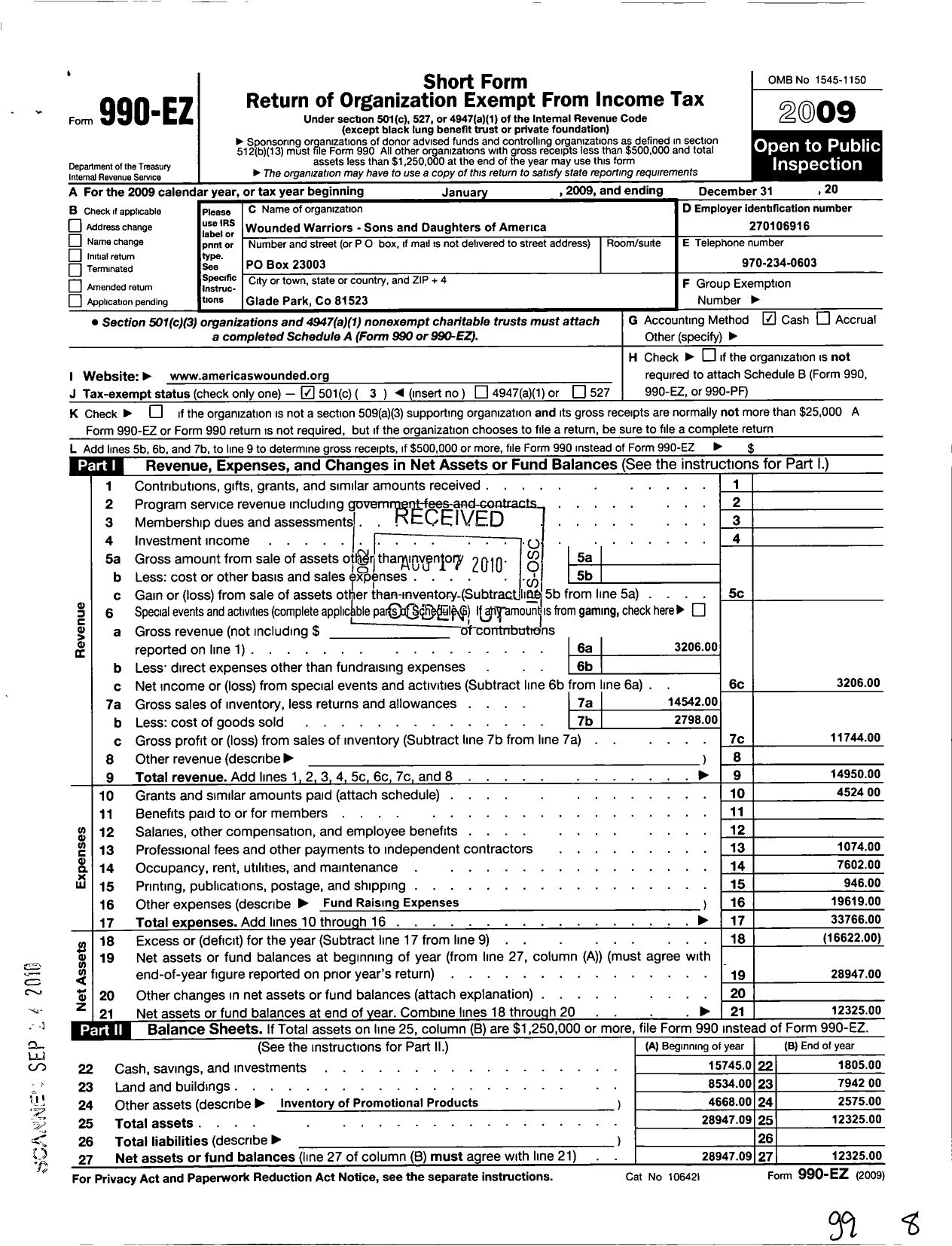 Image of first page of 2009 Form 990EZ for Wounded Warriors Sons and Daughters of America