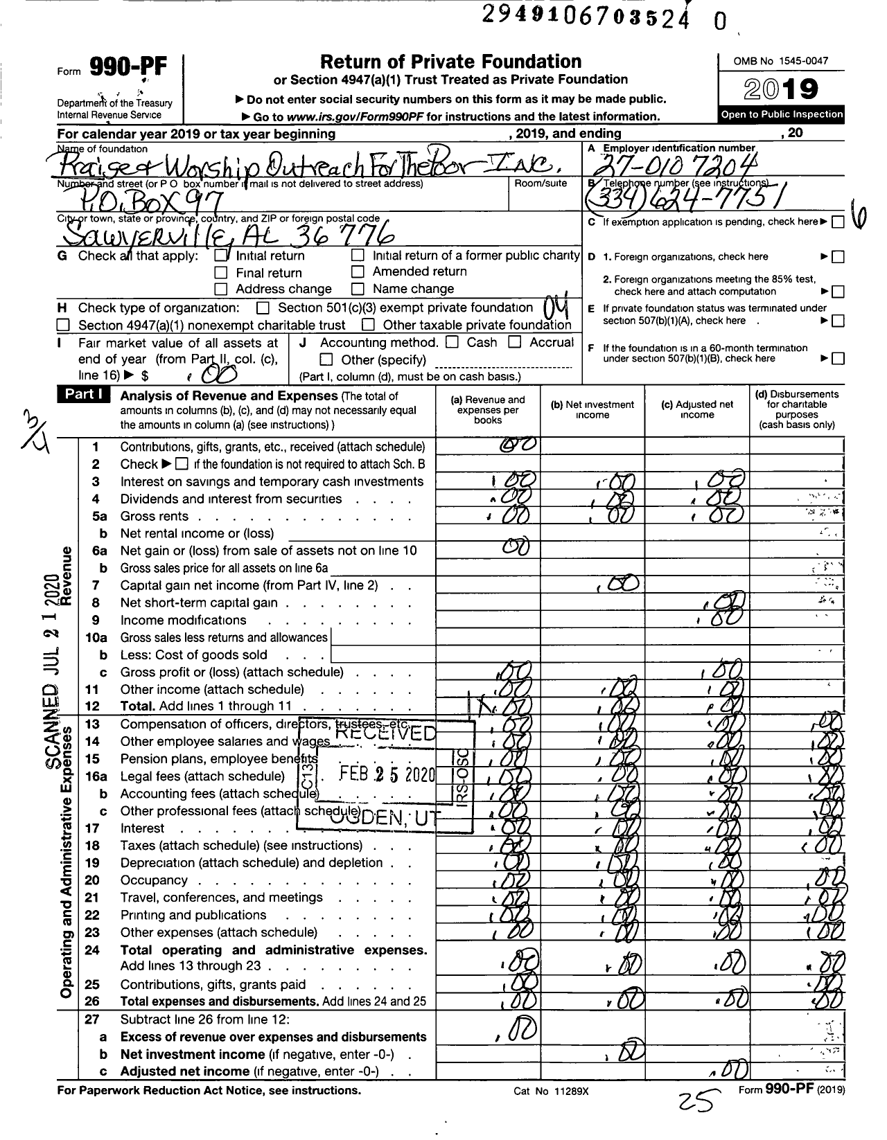 Image of first page of 2019 Form 990PR for Praise and Worship Outreach for the