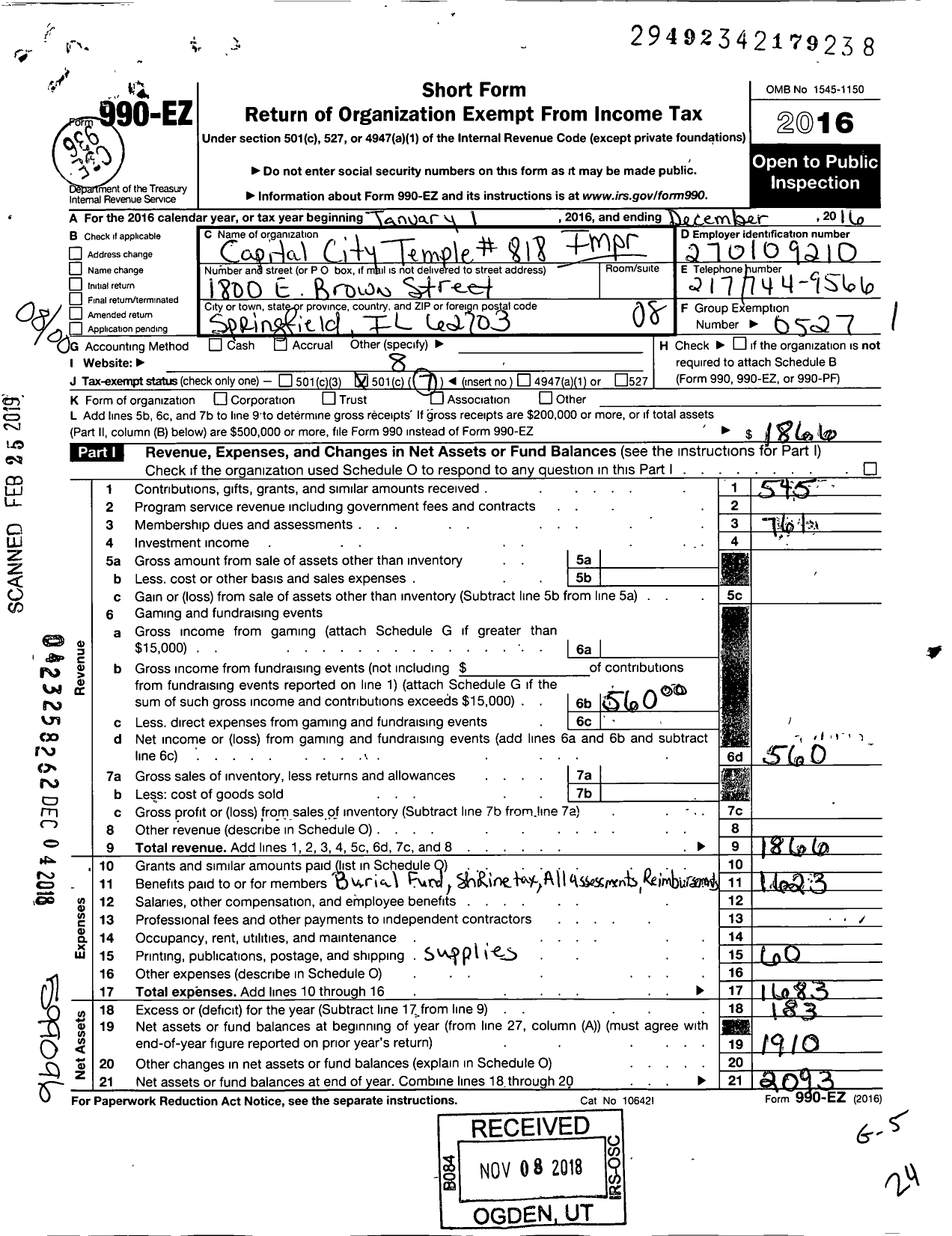 Image of first page of 2016 Form 990EO for Improved Benevolent and Protective Order of Elks of the World - 818 Capital City Temple