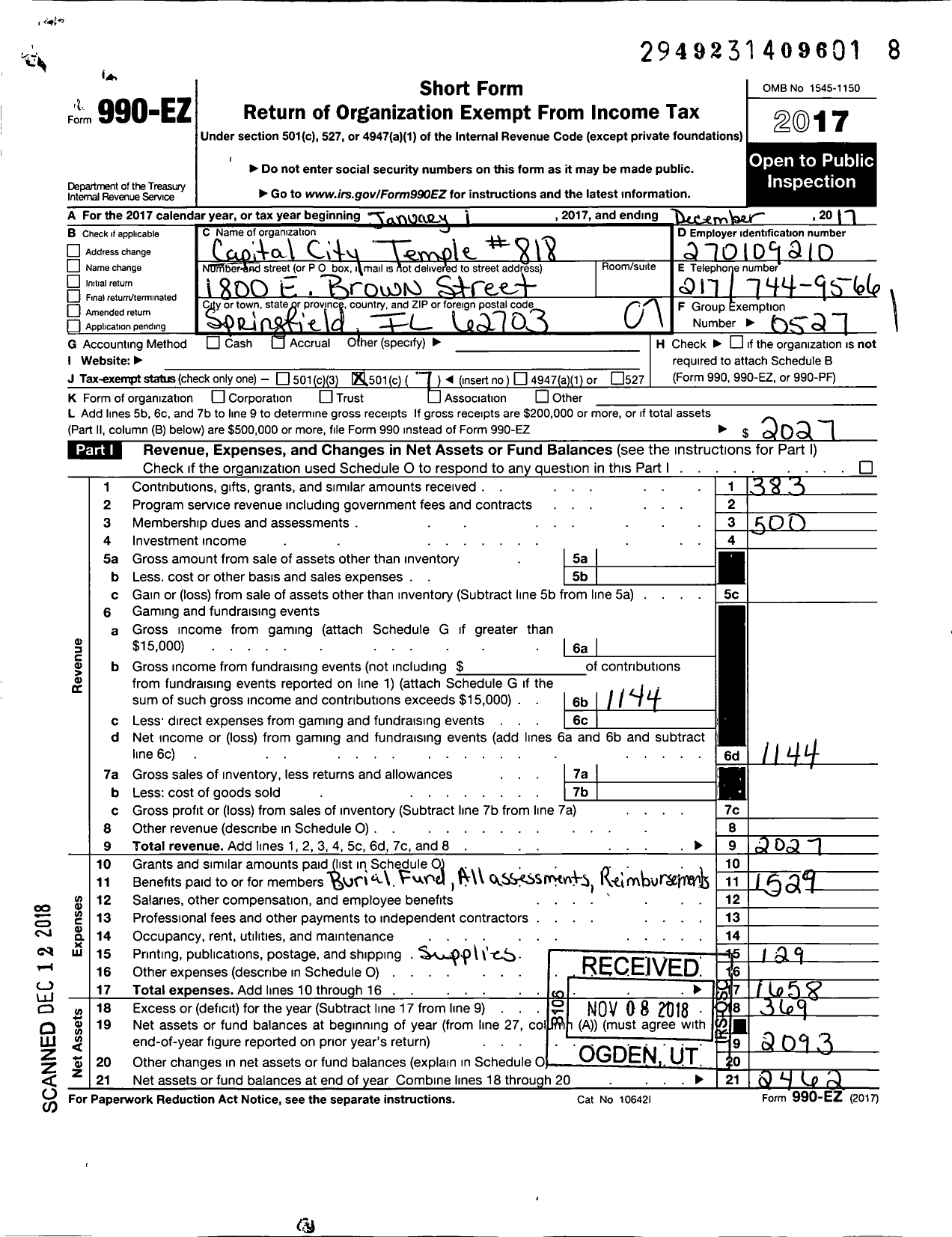 Image of first page of 2017 Form 990EO for Improved Benevolent and Protective Order of Elks of the World - 818 Capital City Temple