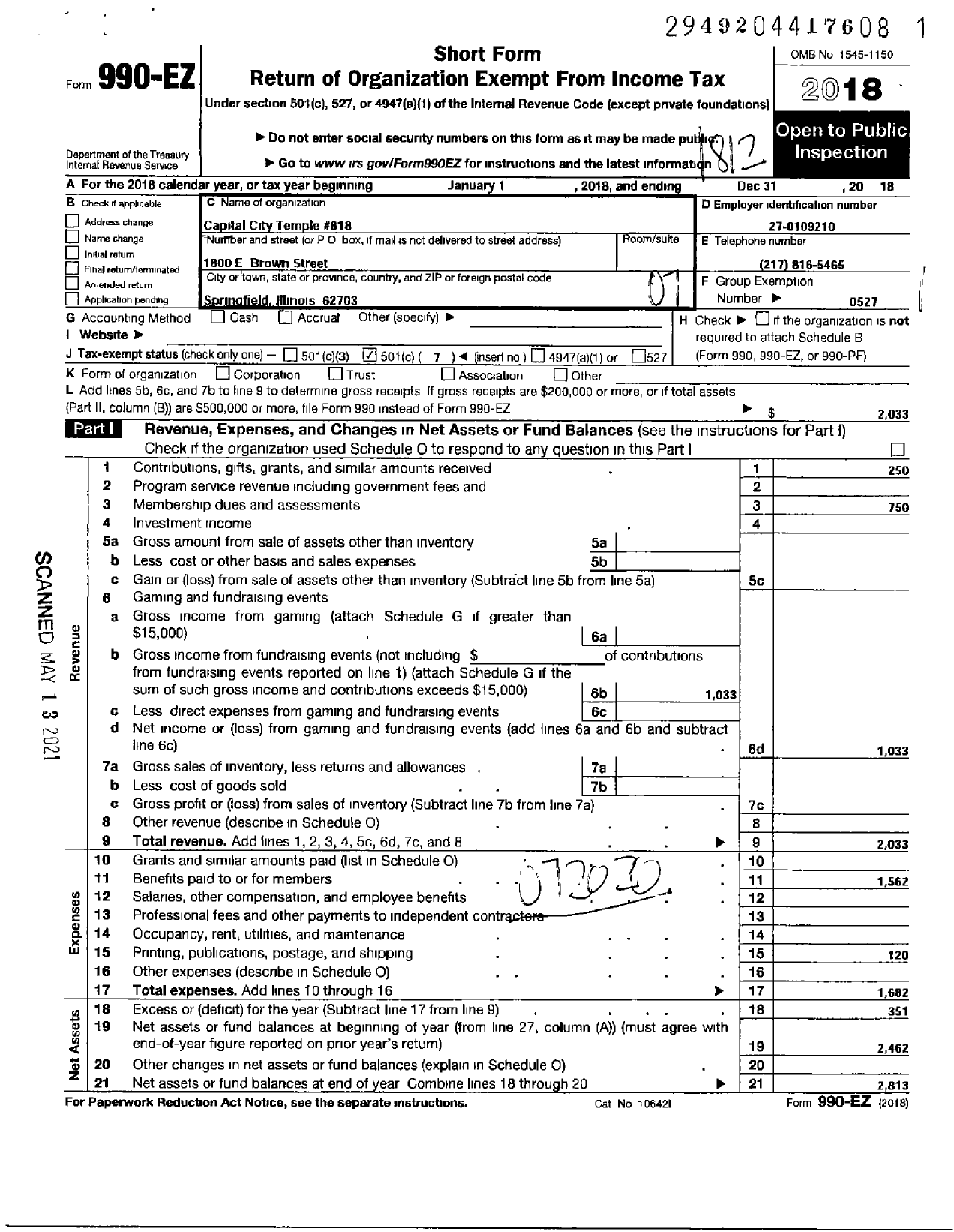 Image of first page of 2018 Form 990EO for Improved Benevolent and Protective Order of Elks of the World - 818 Capital City Temple