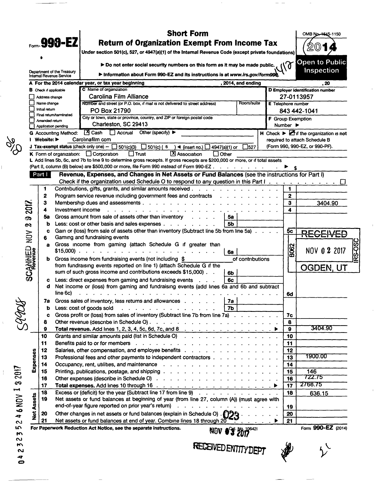 Image of first page of 2014 Form 990EO for Carolina Film Alliance