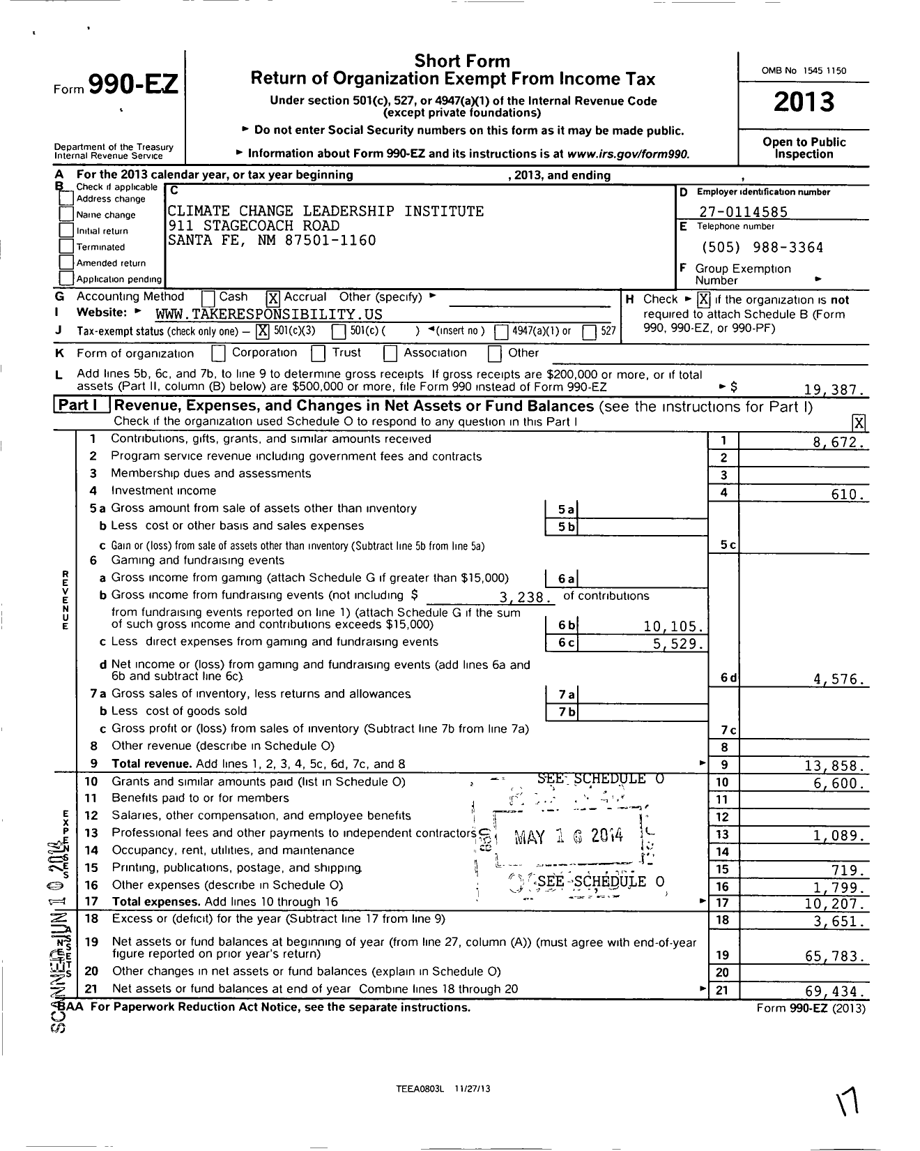 Image of first page of 2013 Form 990EZ for Climate Change Leadership Institute