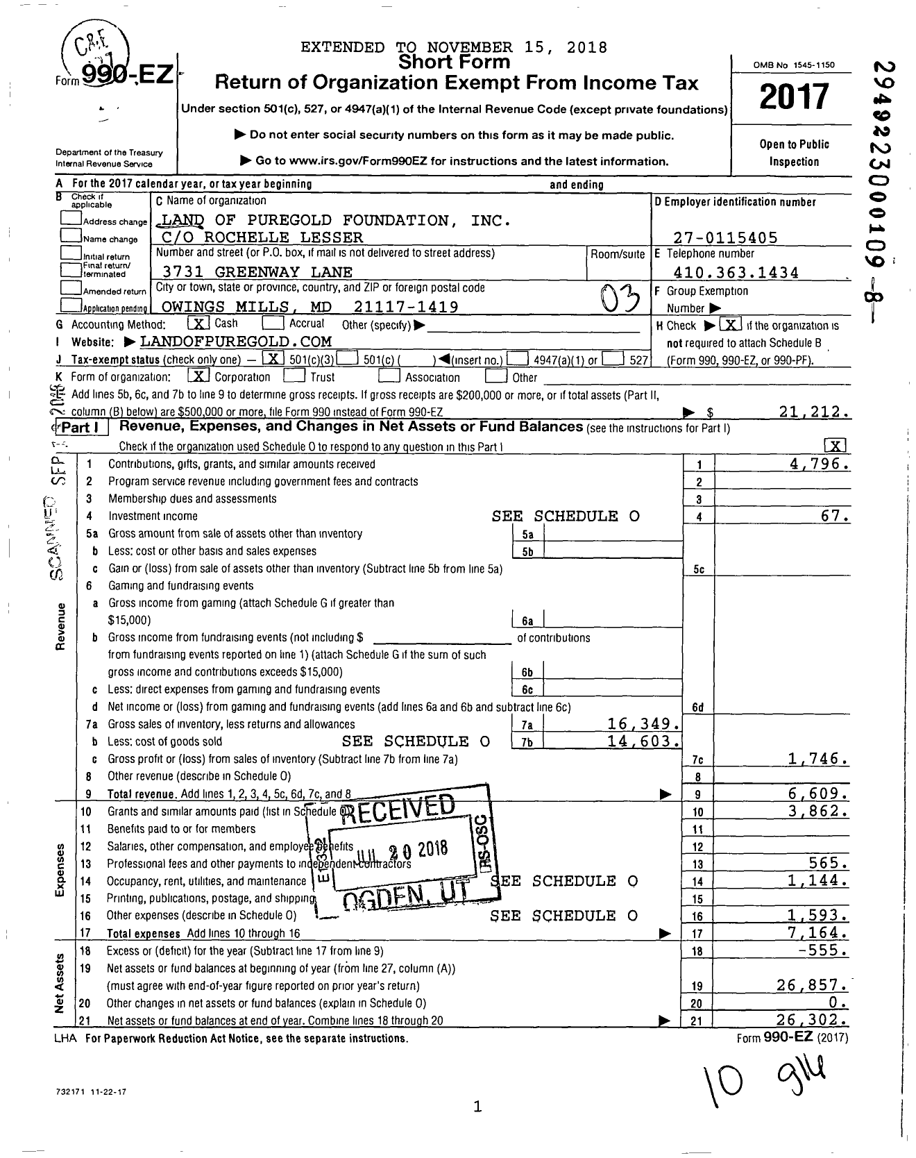 Image of first page of 2017 Form 990EZ for Land of Puregold Foundation