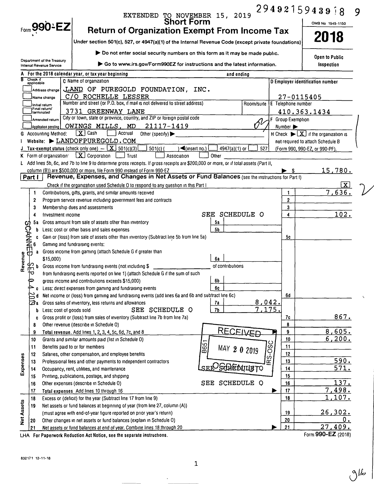 Image of first page of 2018 Form 990EZ for Land of Puregold Foundation