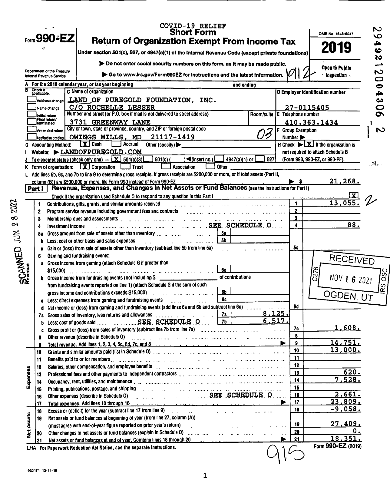 Image of first page of 2019 Form 990EZ for Land of Puregold Foundation