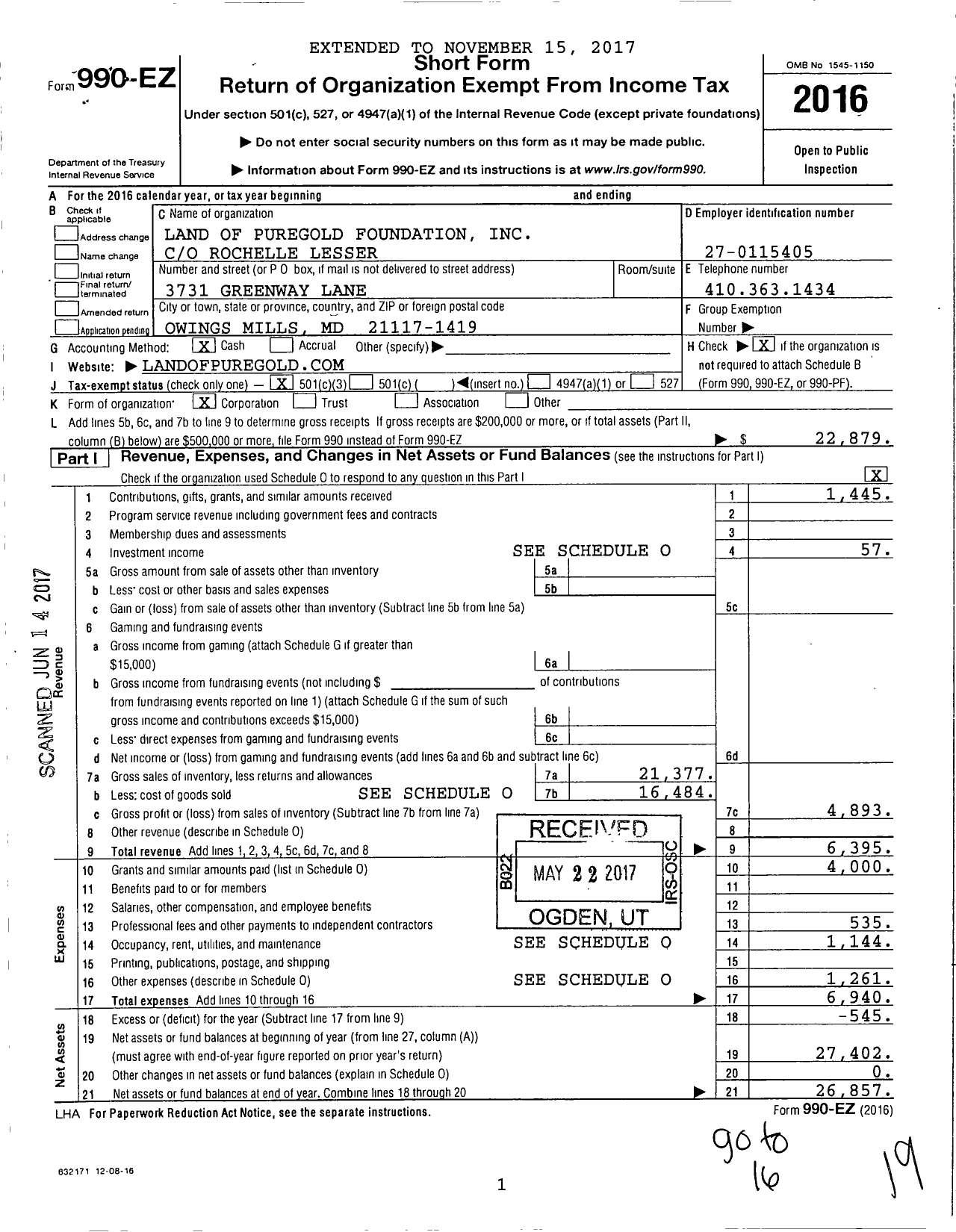 Image of first page of 2016 Form 990EZ for Land of Puregold Foundation