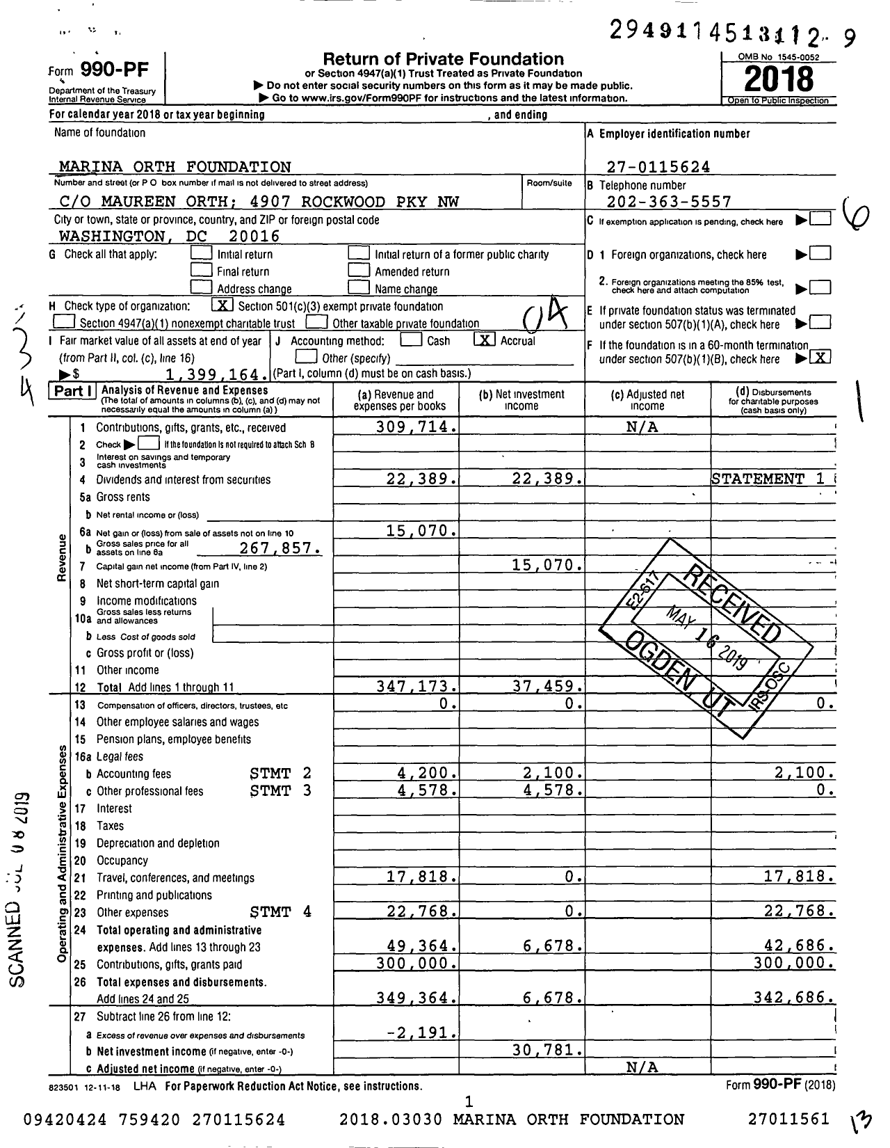 Image of first page of 2018 Form 990PF for Marina Orth Foundation