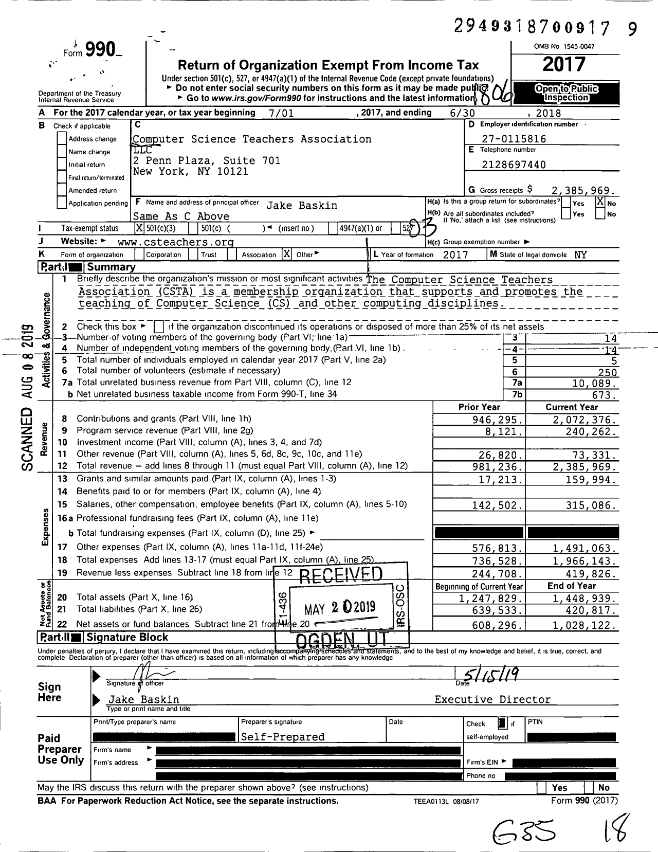 Image of first page of 2017 Form 990 for Computer Science Teachers Association LLC (CSTA)