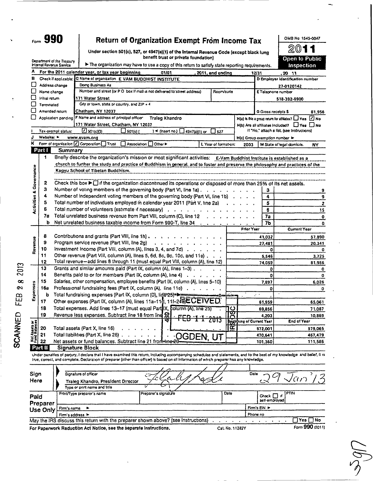 Image of first page of 2011 Form 990 for E Vam Buddhist Institute