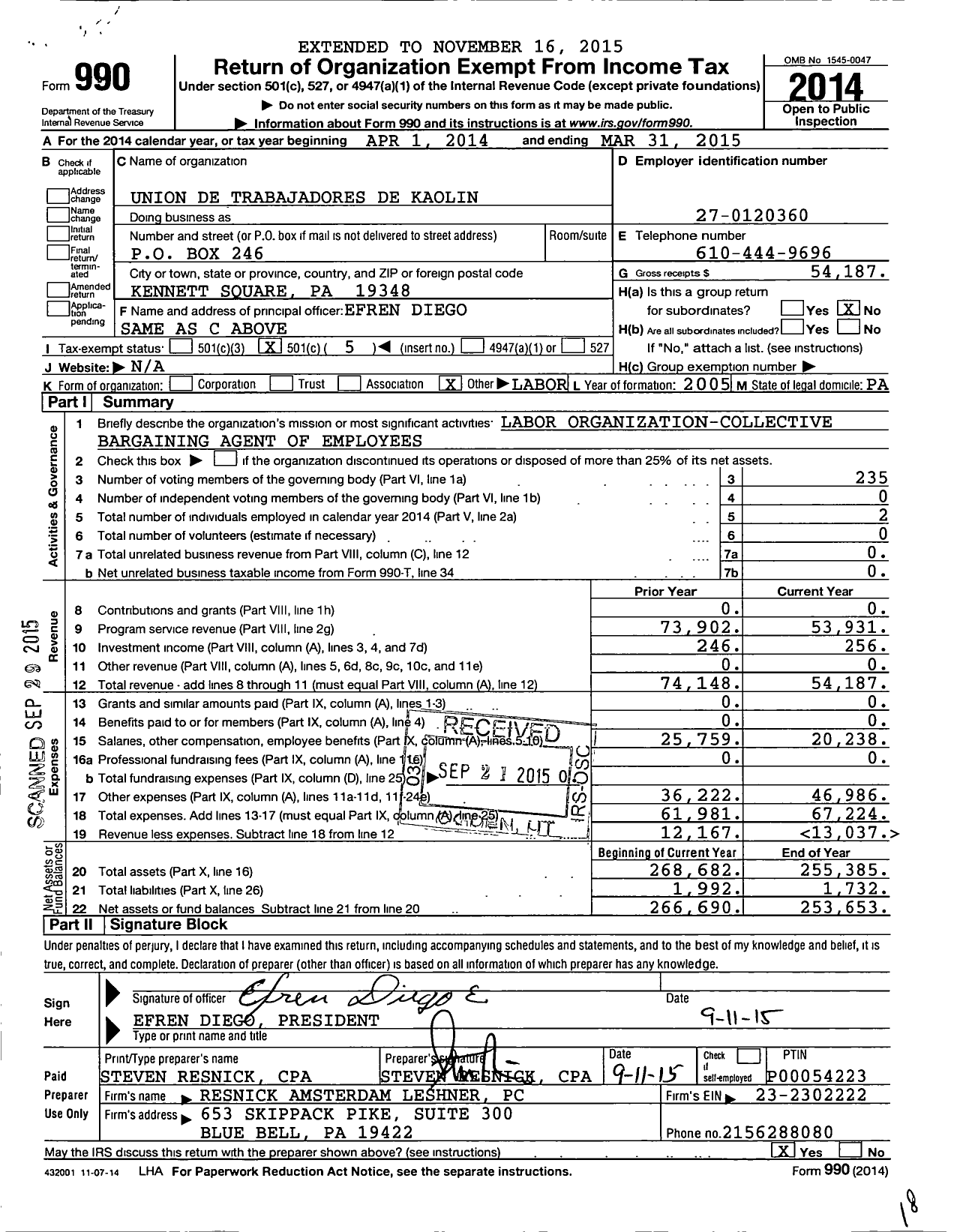 Image of first page of 2014 Form 990O for Union de Trabajadores de Kaolin