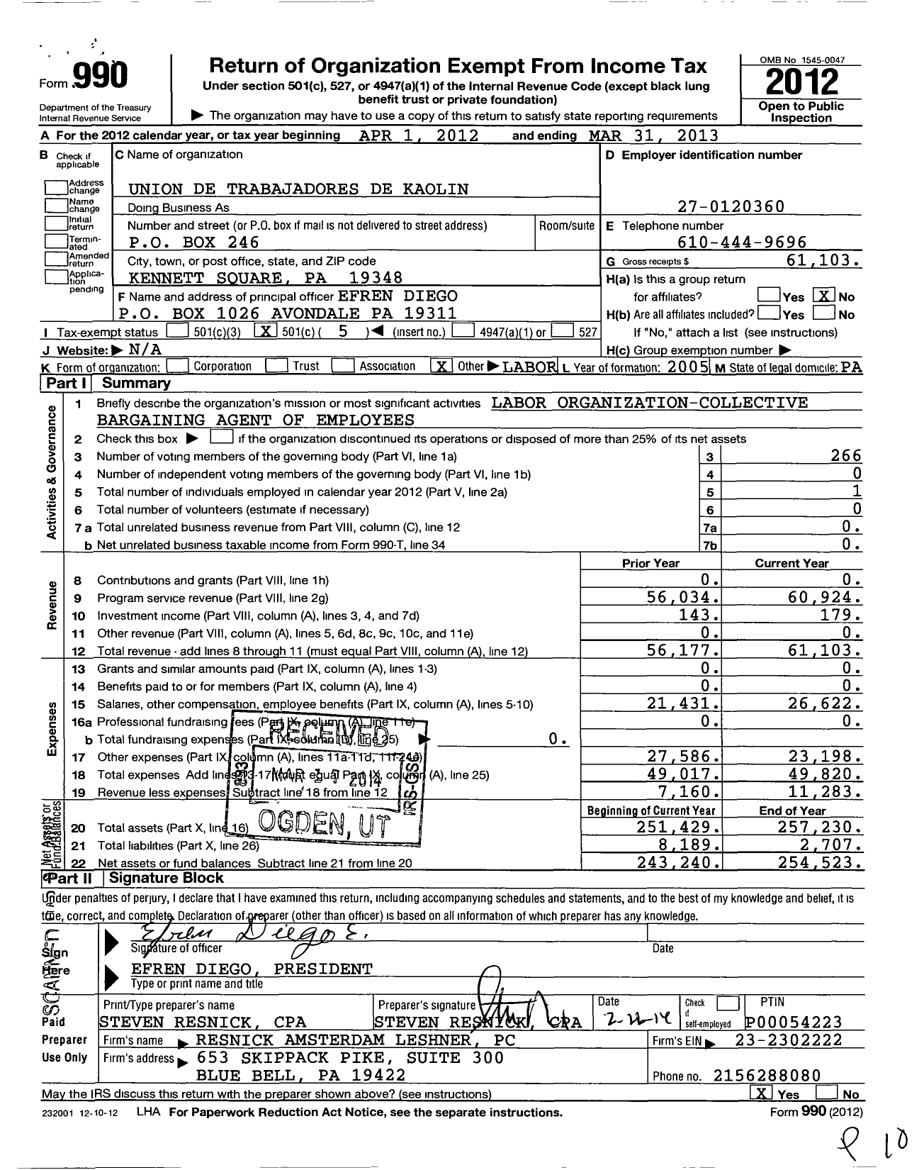 Image of first page of 2012 Form 990O for Union de Trabajadores de Kaolin