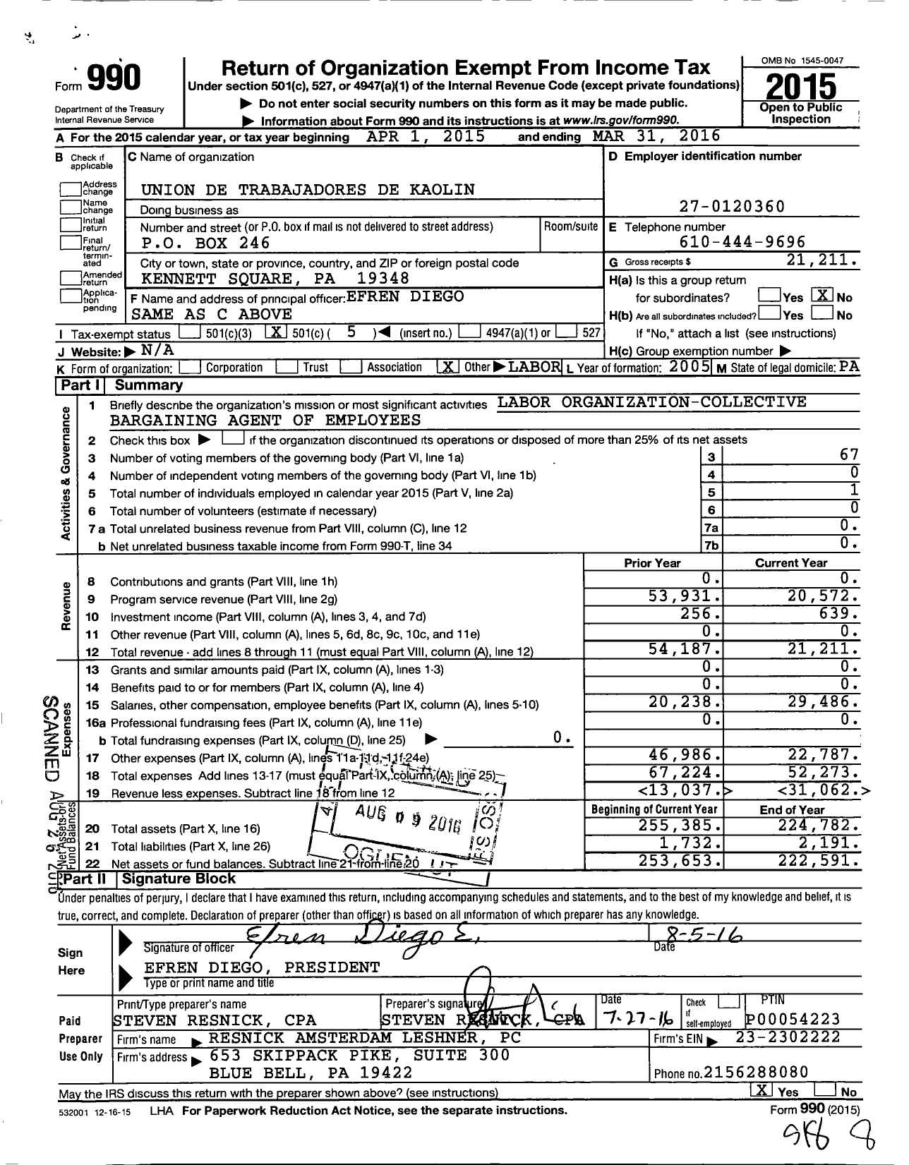 Image of first page of 2015 Form 990O for Union de Trabajadores de Kaolin