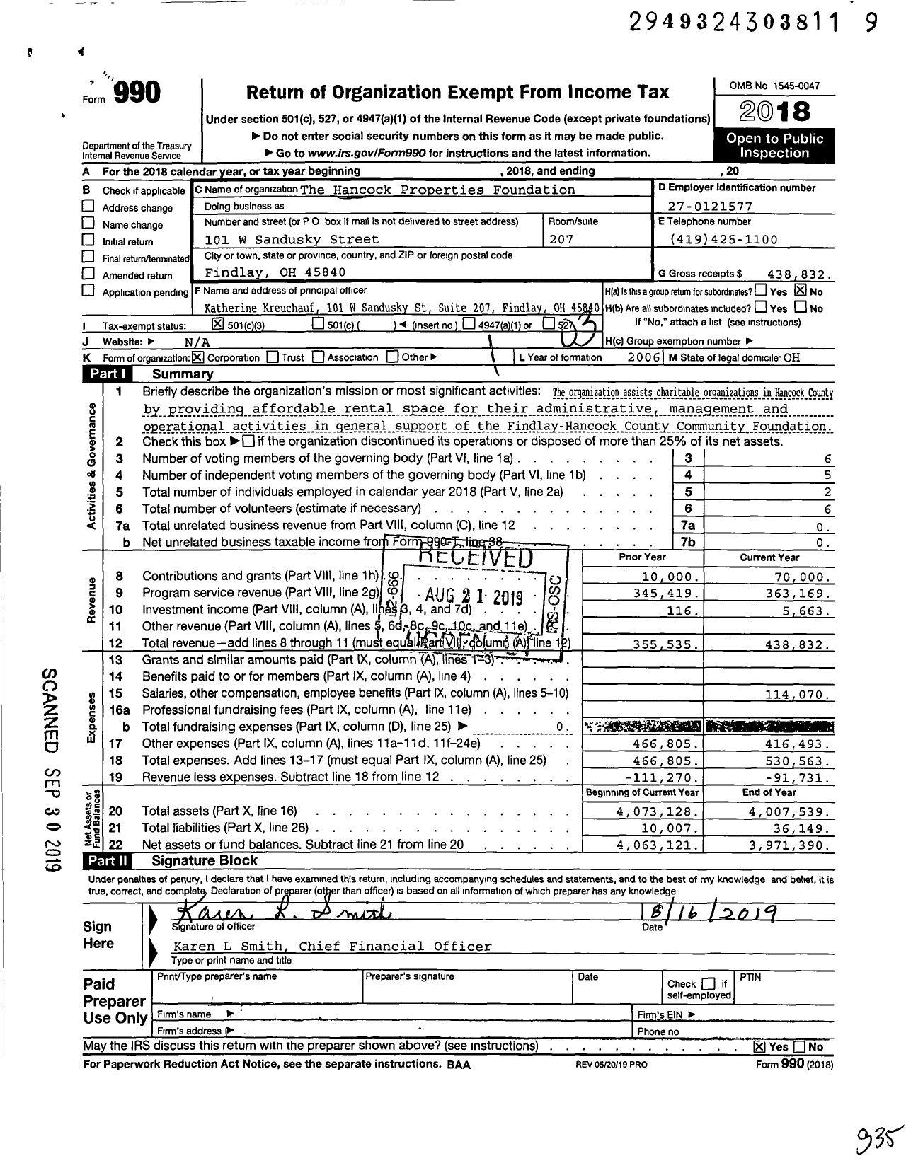 Image of first page of 2018 Form 990 for The Hancock Properties Foundation