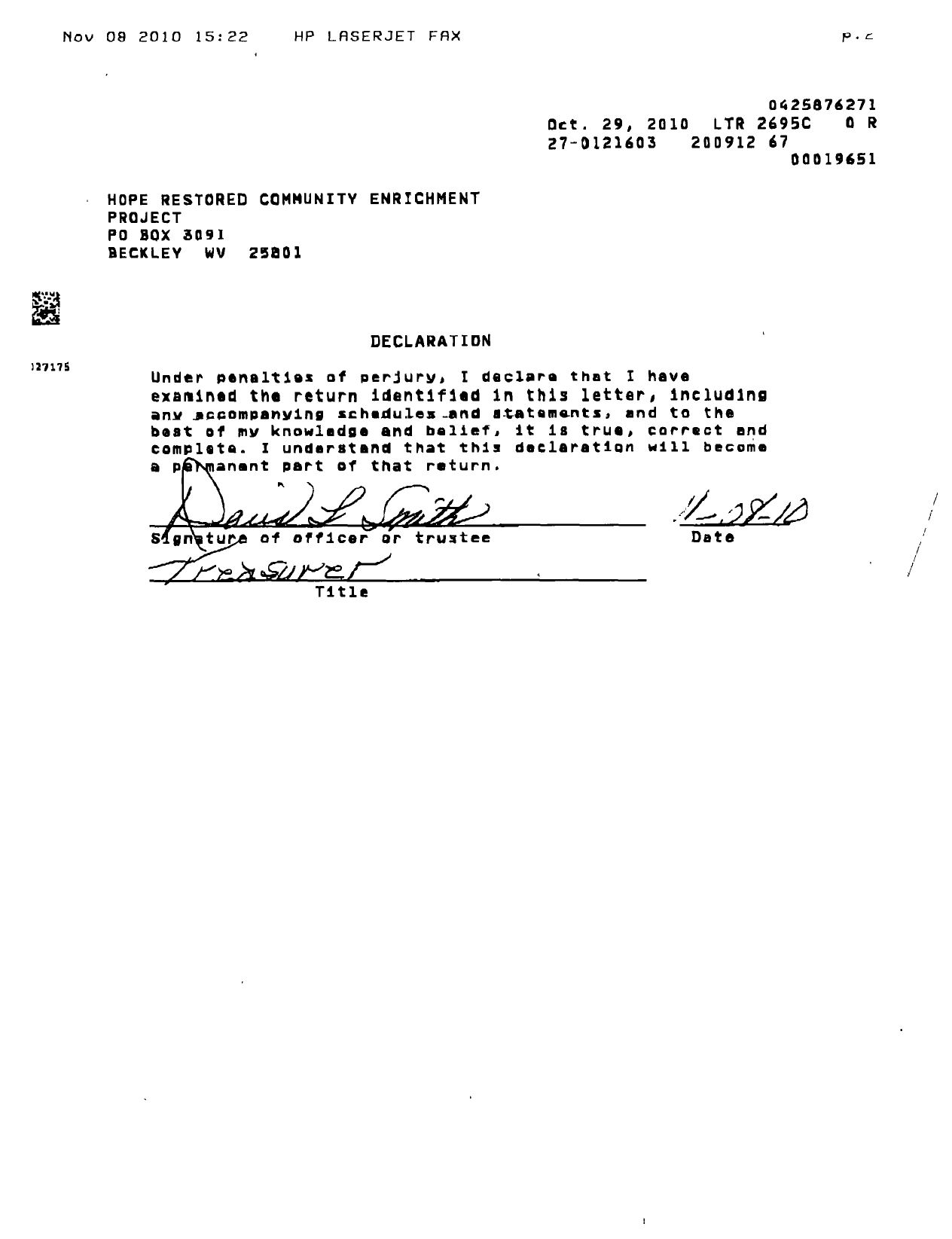 Image of first page of 2009 Form 990ER for Hope Restored Community Enrichment Project