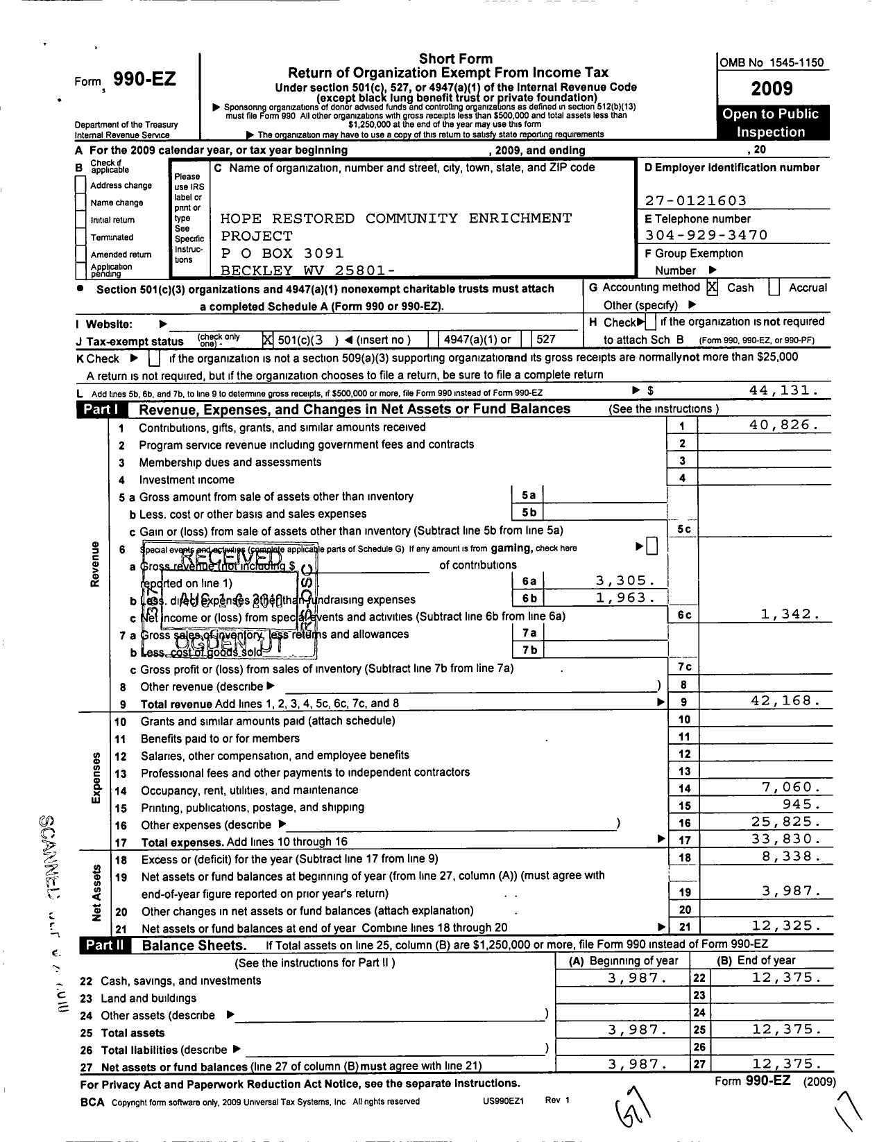 Image of first page of 2009 Form 990EZ for Hope Restored Community Enrichment Project