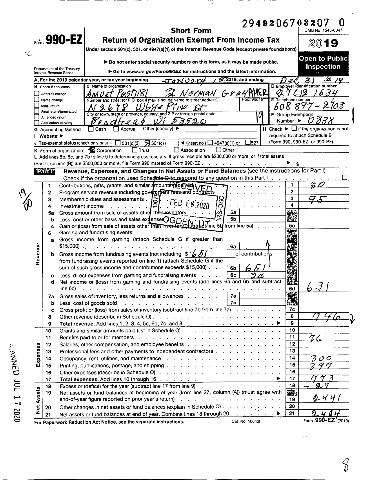 Image of first page of 2019 Form 990EO for Amvets