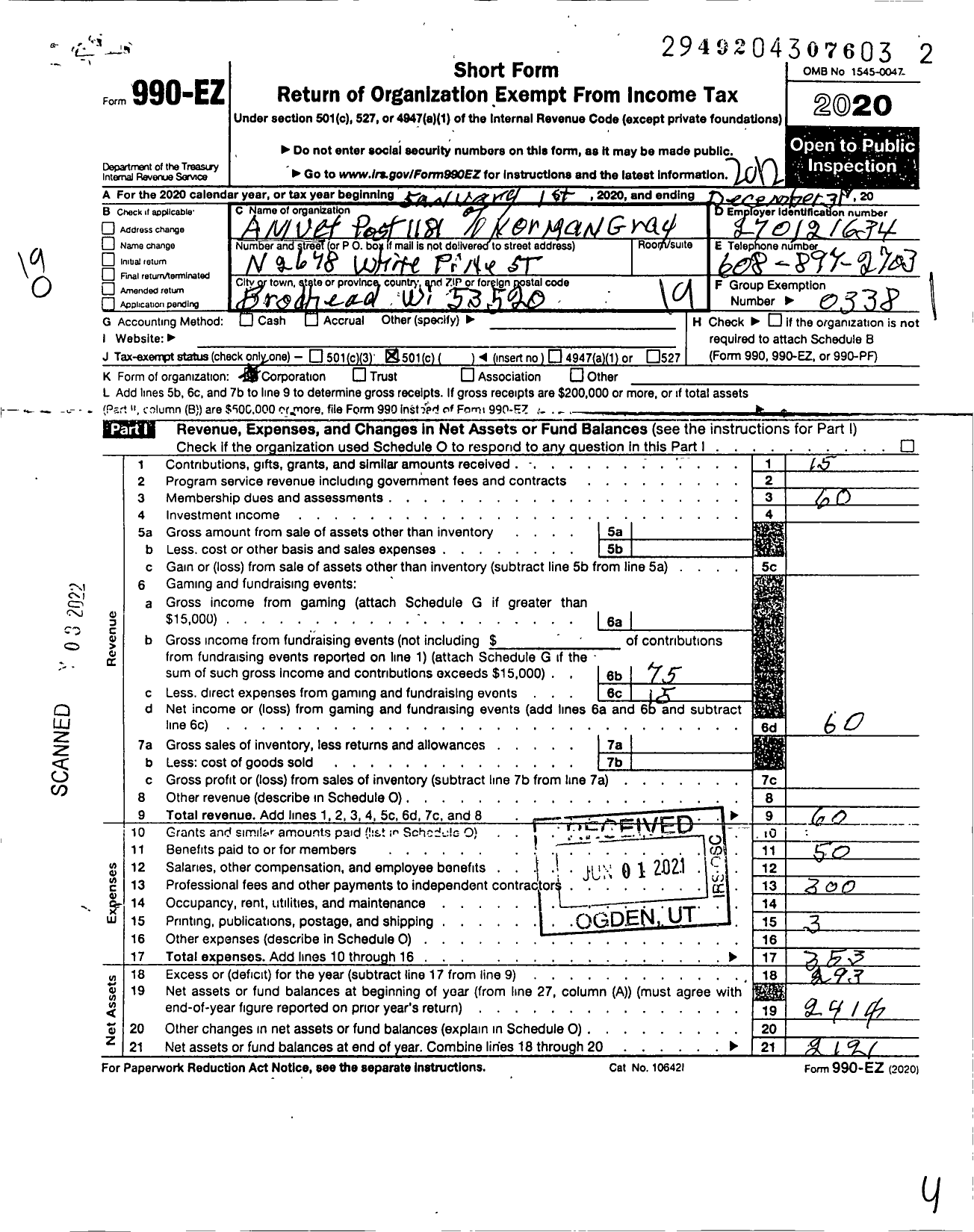 Image of first page of 2020 Form 990EO for Amvets