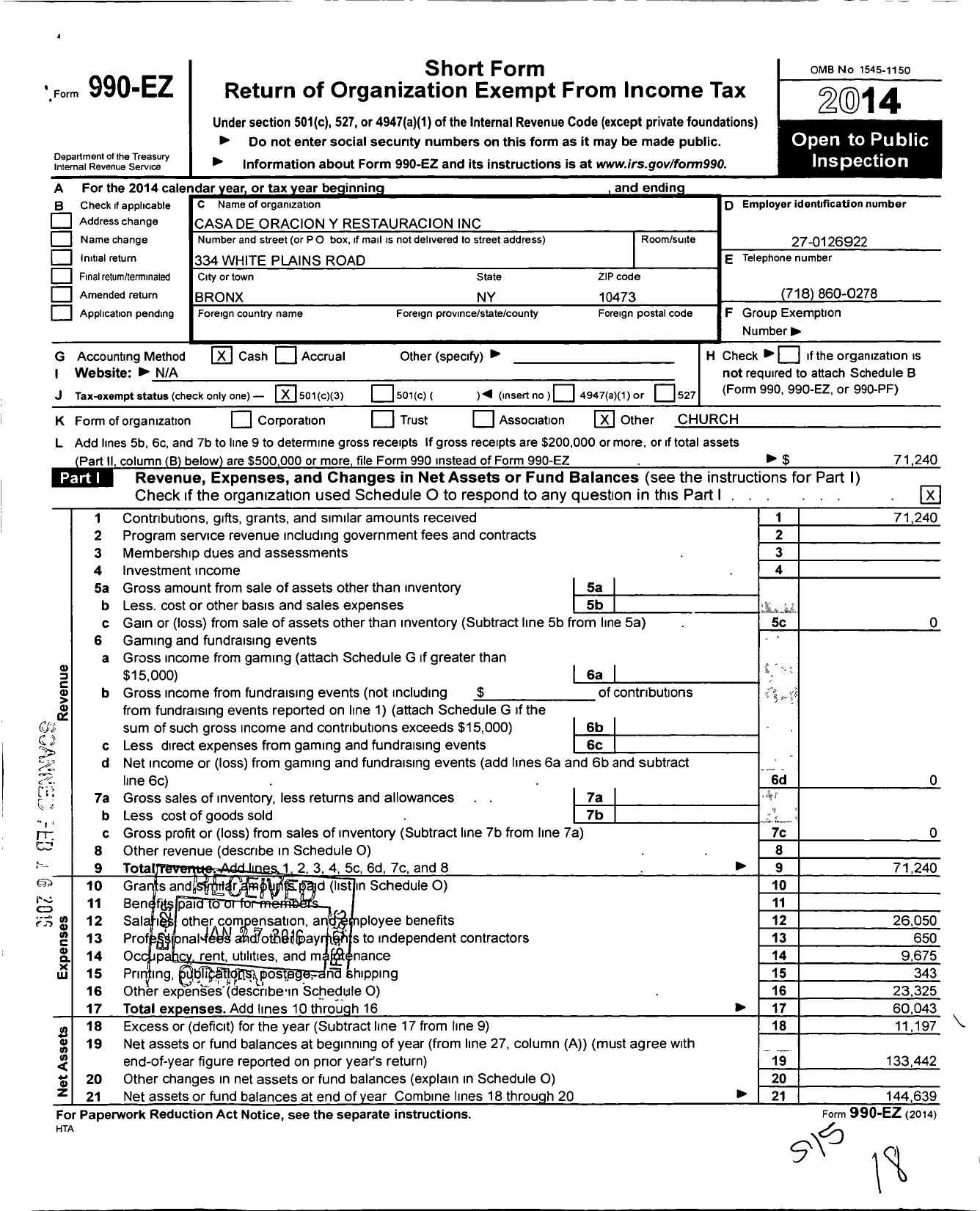 Image of first page of 2014 Form 990EZ for Casa de Oracion Y Restauracion