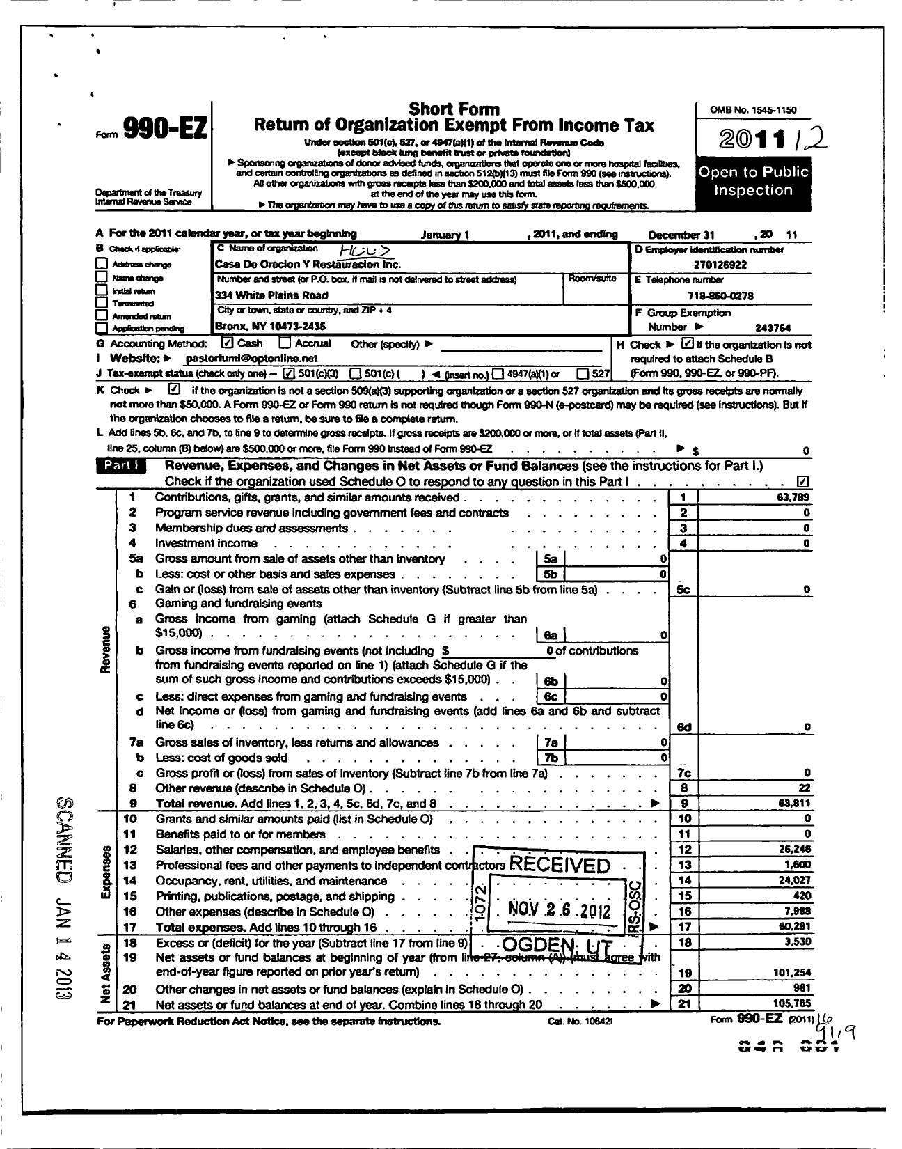 Image of first page of 2011 Form 990EZ for Casa de Oracion Y Restauracion