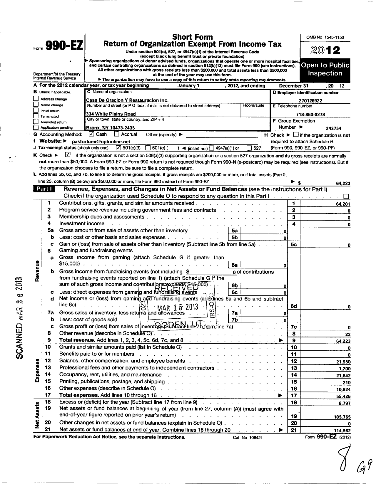 Image of first page of 2012 Form 990EZ for Casa de Oracion Y Restauracion